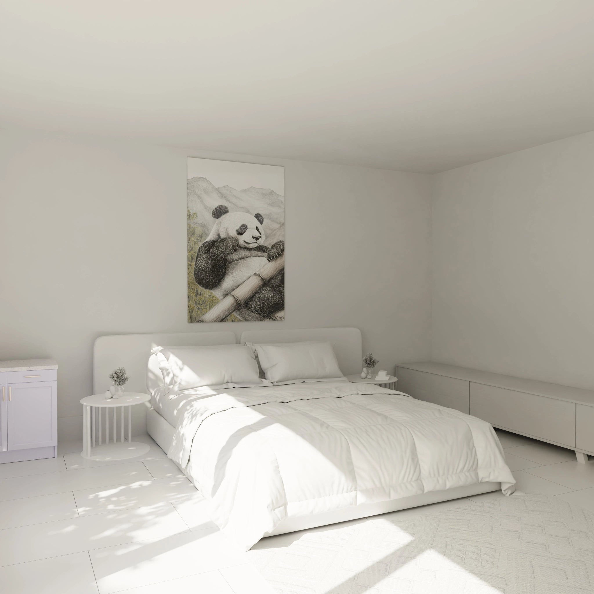 Tableau panda Walensky décorant une chambre moderne aux murs clairs avec lit blanc et meubles minimalistes