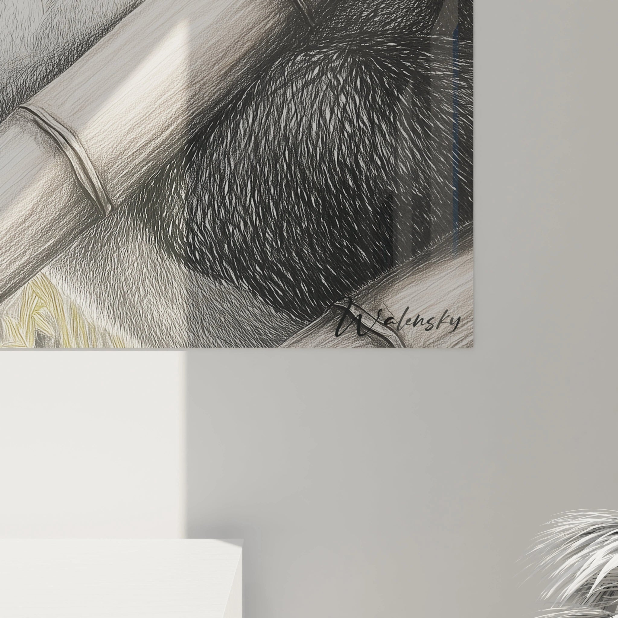 Détail du tableau panda signé Walensky avec textures réalistes et nuances de noir et beige