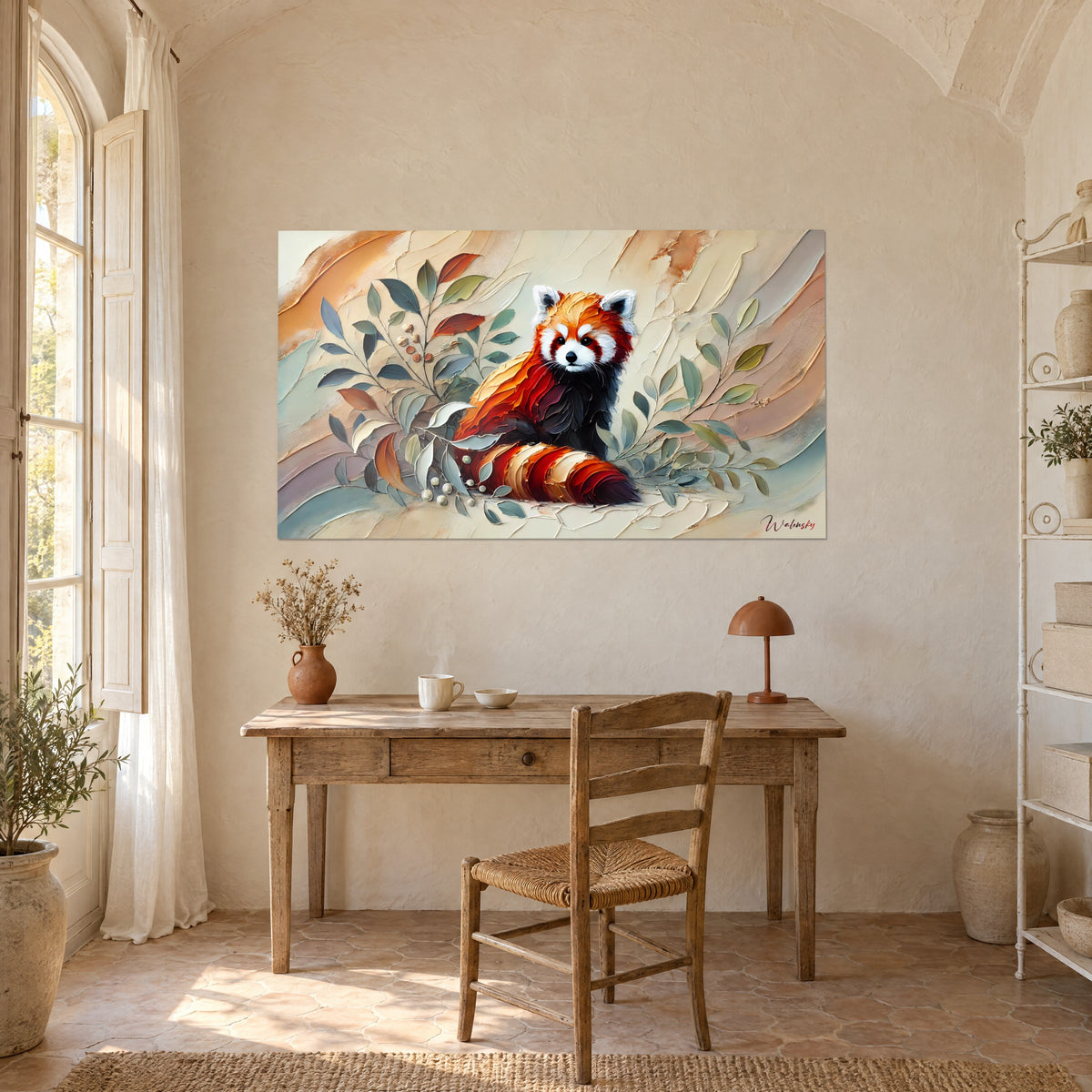 Obraz rudej pandy o białych uszach na beżowo-jasnoturkusowym tle, na ścianie biura z jasnego drewna, plecione krzesło