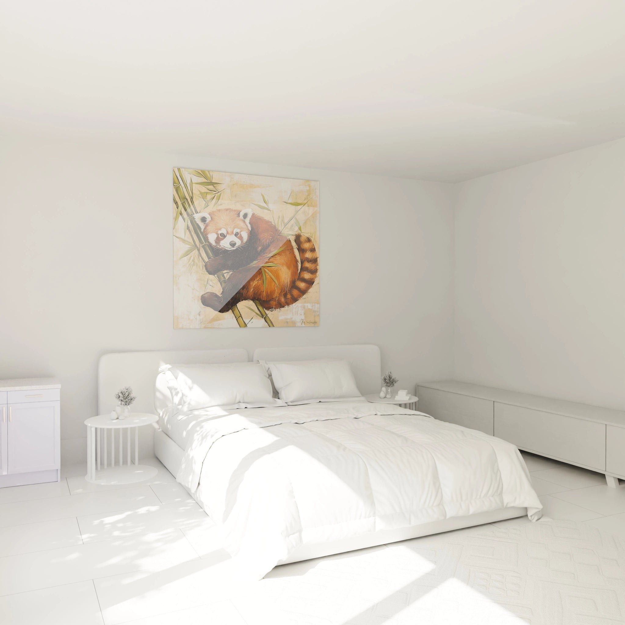 Tableau panda roux Walensky accroché dans une chambre blanche moderne avec lit double