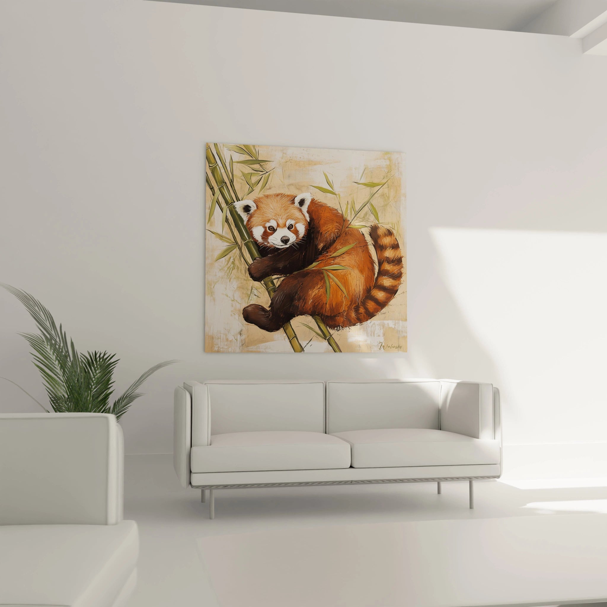 Tableau panda roux Walensky accroché dans un salon moderne avec canapé blanc et plantes vertes