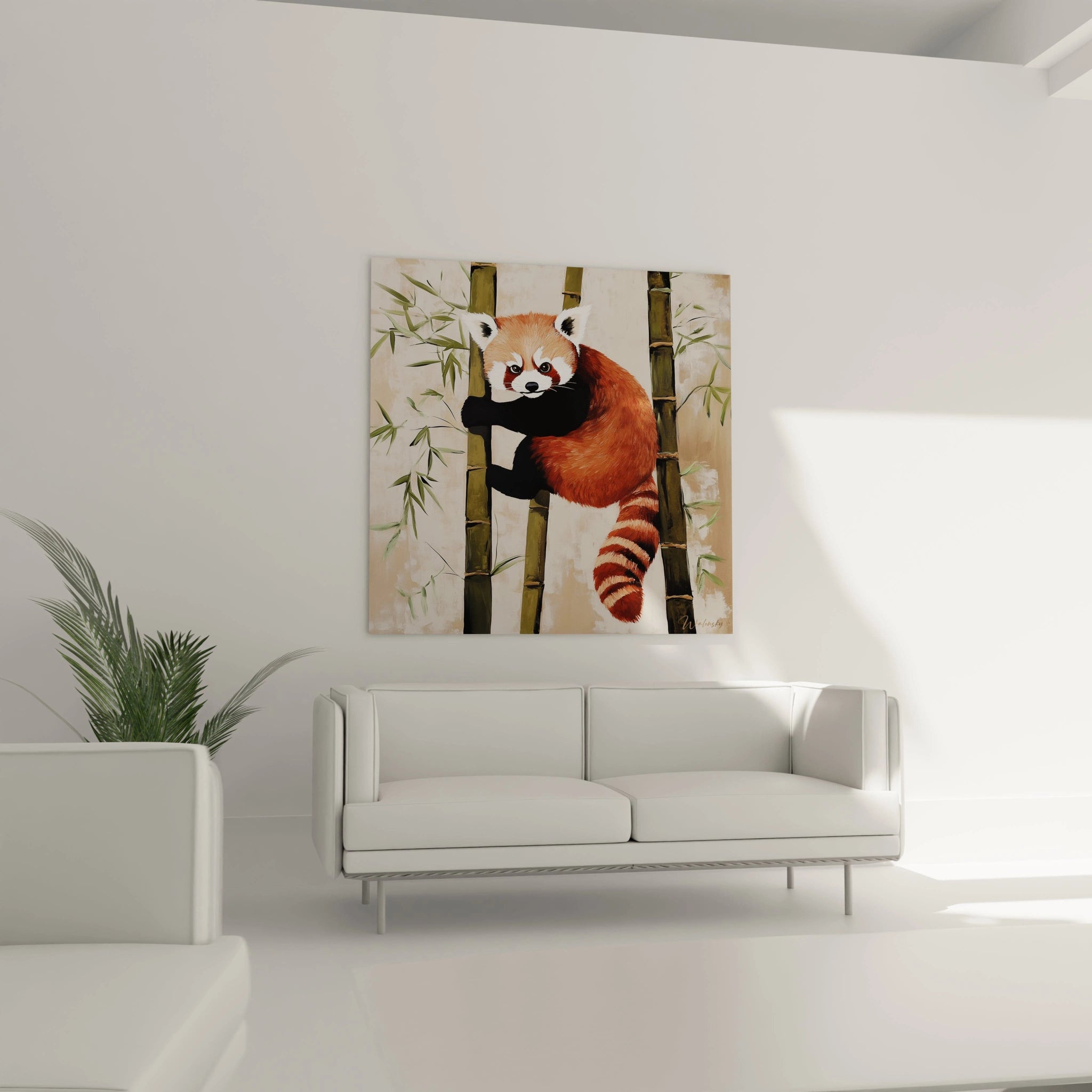 Tableau panda roux coloré accroché au mur d'un salon moderne avec canapé blanc et plante verte