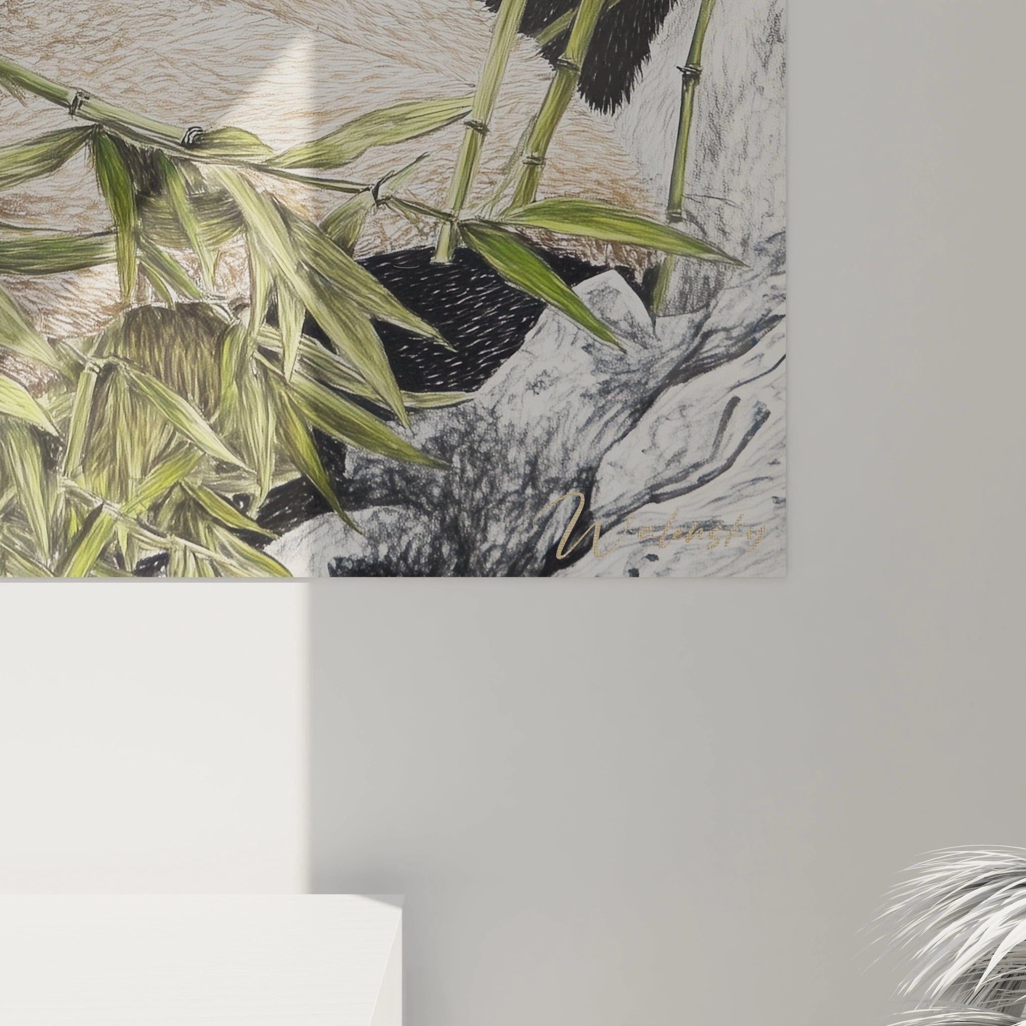 Tableau panda Walensky avec illustration de bambous verts et fond naturel gris