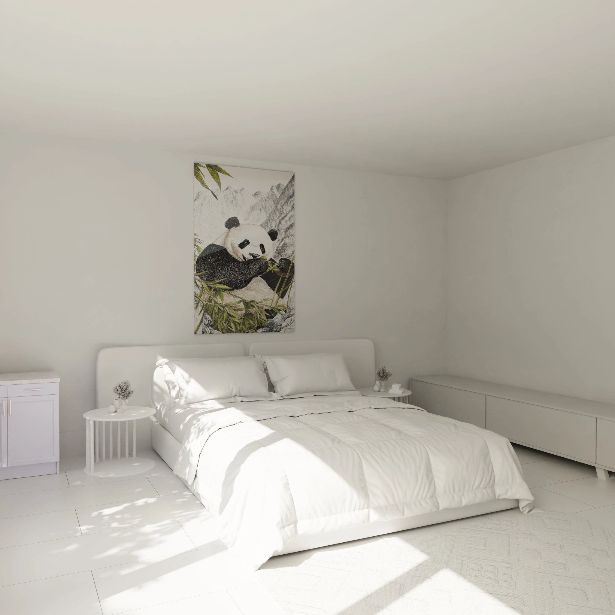 Tableau panda Walensky accroché au mur d'une chambre minimaliste avec lit double et décoration blanche