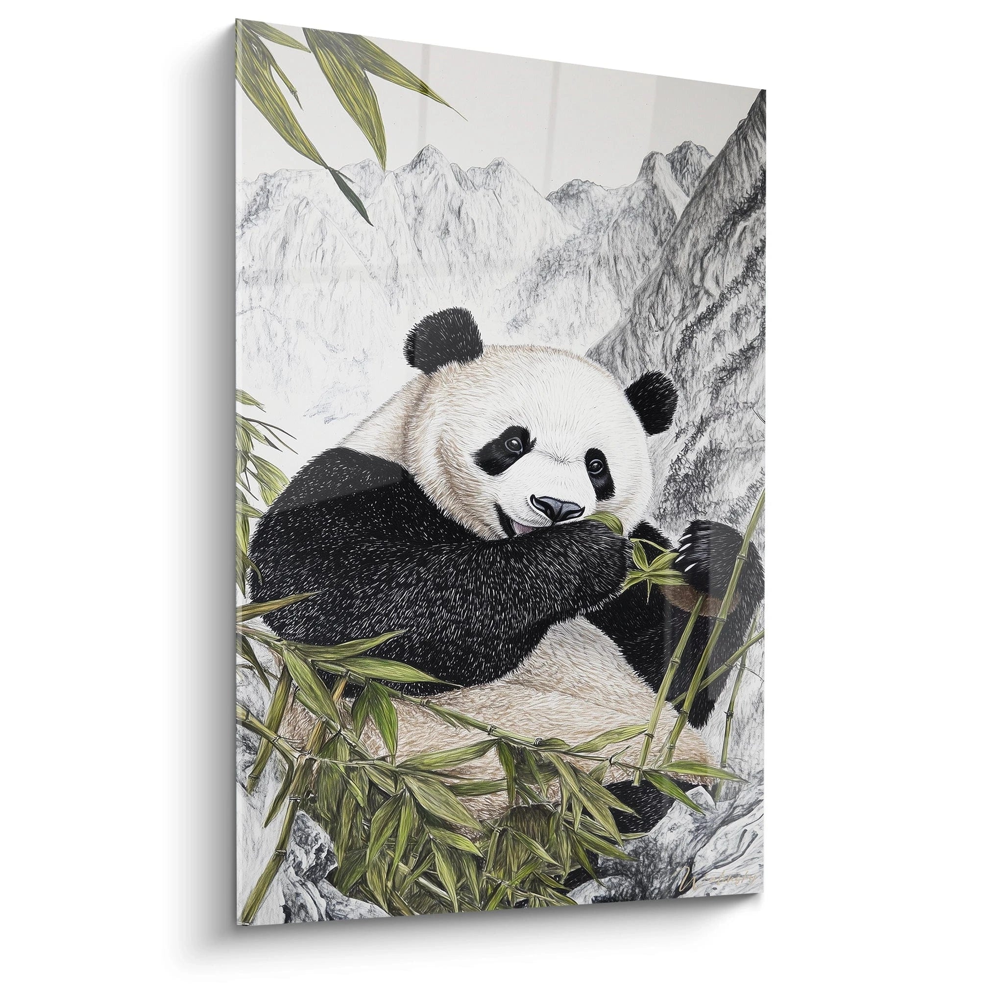 Tableau panda Walensky représentant un panda mangeant du bambou dans un décor montagneux naturel