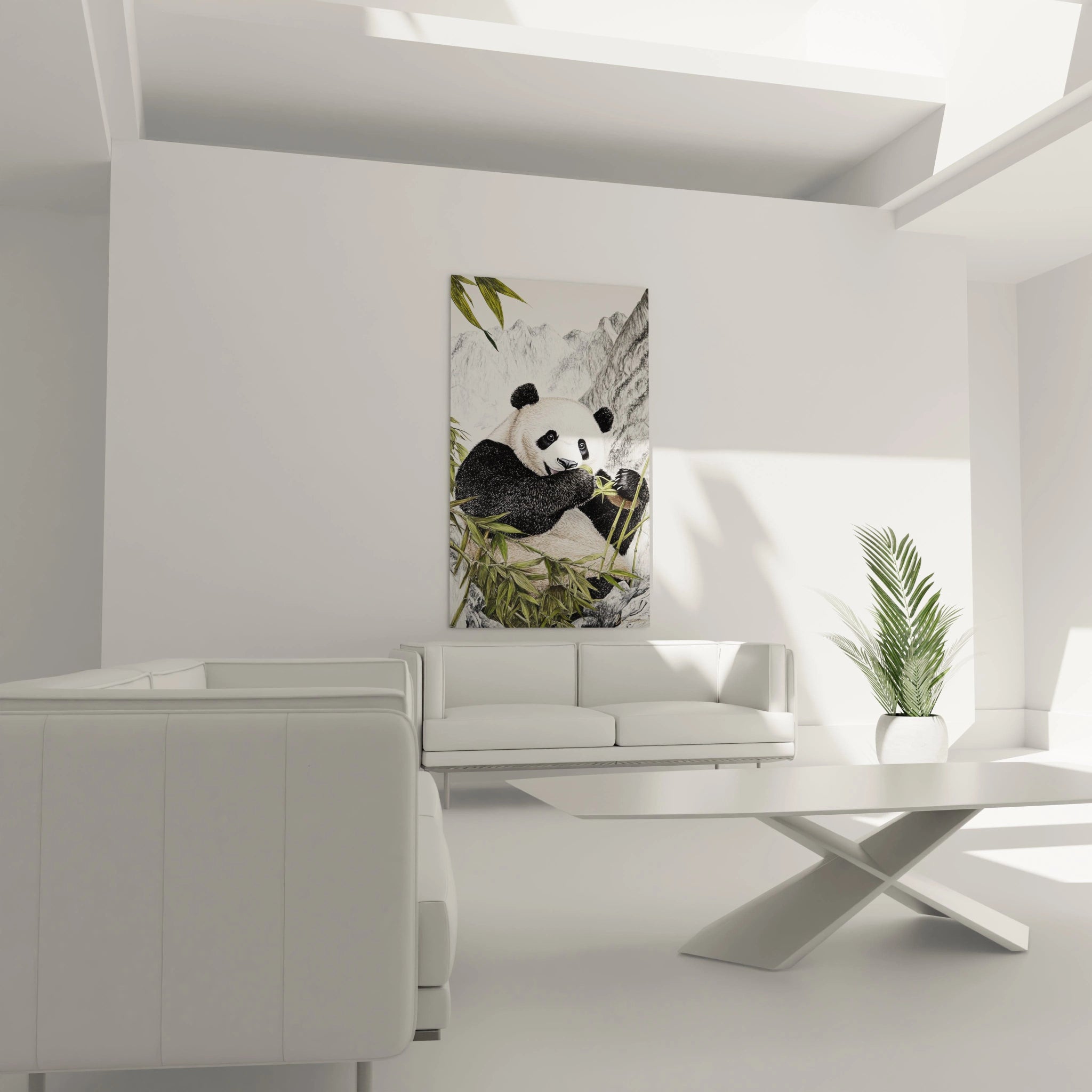 Tableau panda Walensky accroché dans un salon lumineux avec canapé blanc et plante verte