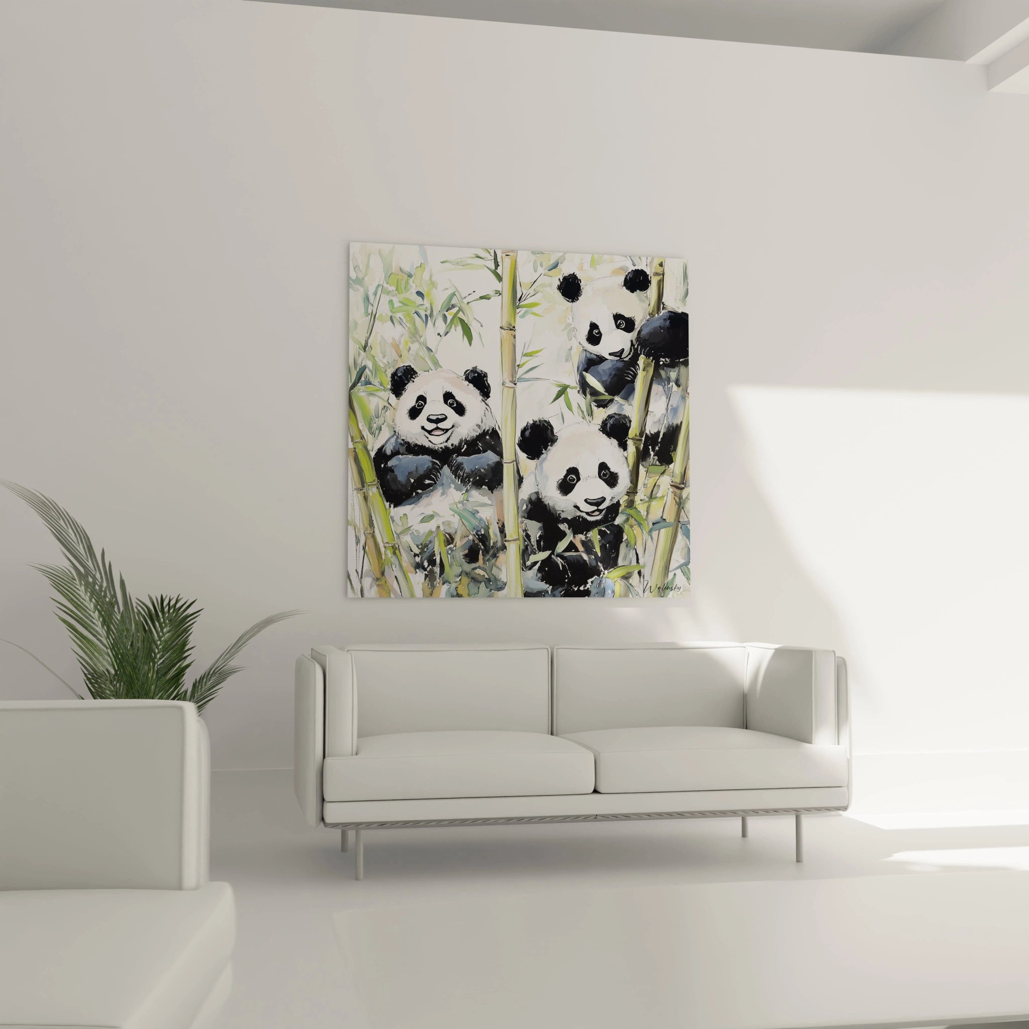 Tableau panda Walensky représentant trois pandas dans une forêt de bambous accroché dans un salon moderne