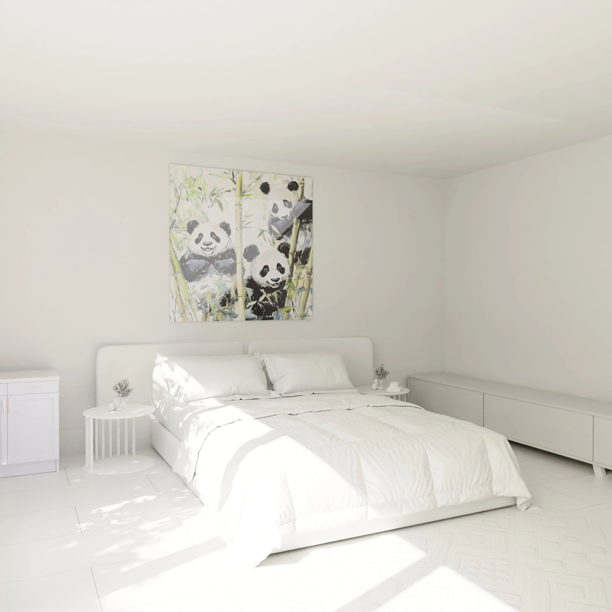 Tableau panda Walensky décorant une chambre lumineuse avec lit blanc et mobilier minimaliste