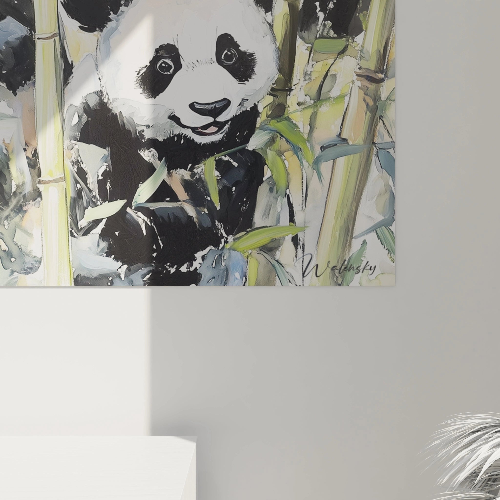 Tableau panda Walensky avec illustration artistique de panda dans un décor de bambous vert et noir