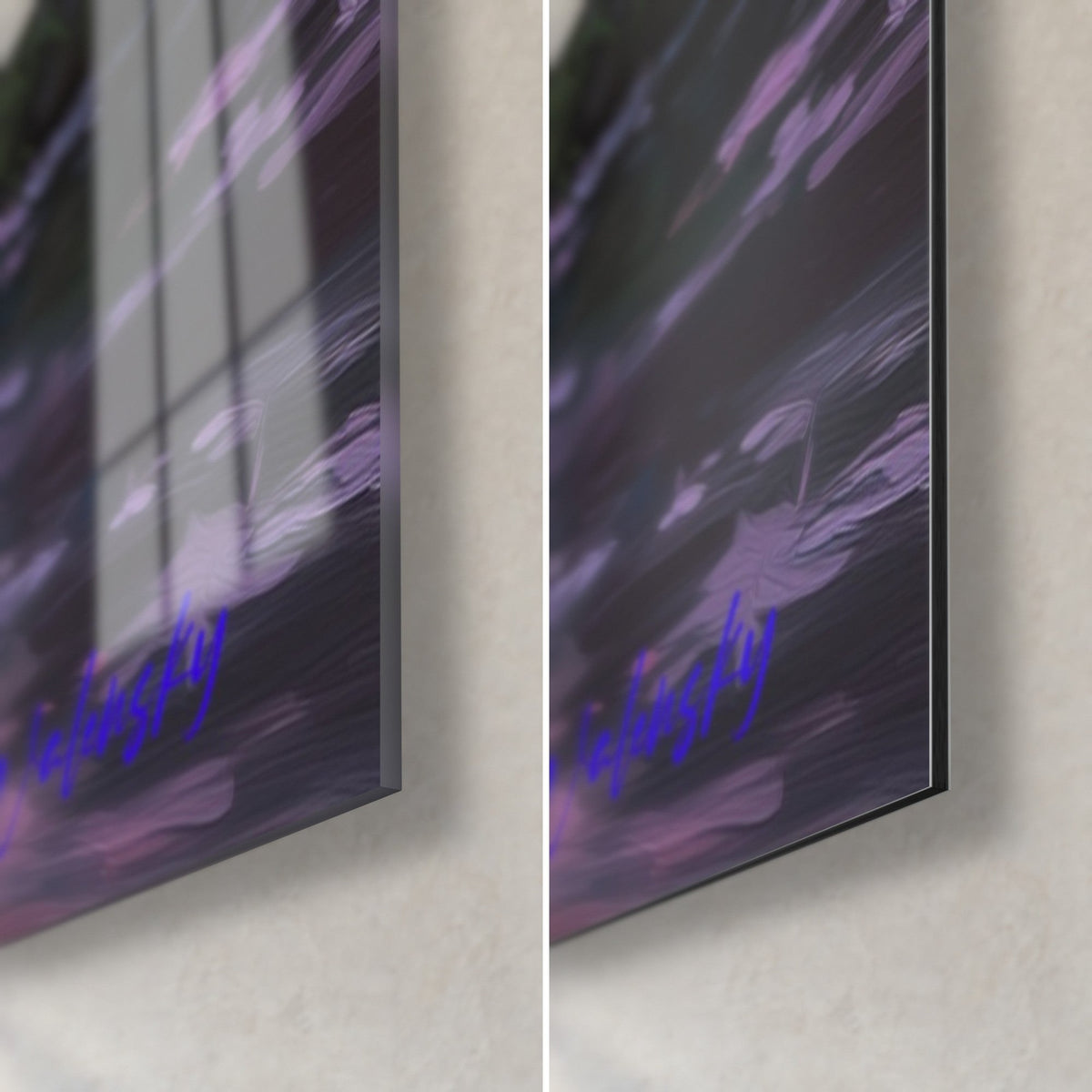 Wall art of a sleeping panda, bottom right corner: glossy acrylic glass with window reflections, matte purple Dibond, 3 mm edge