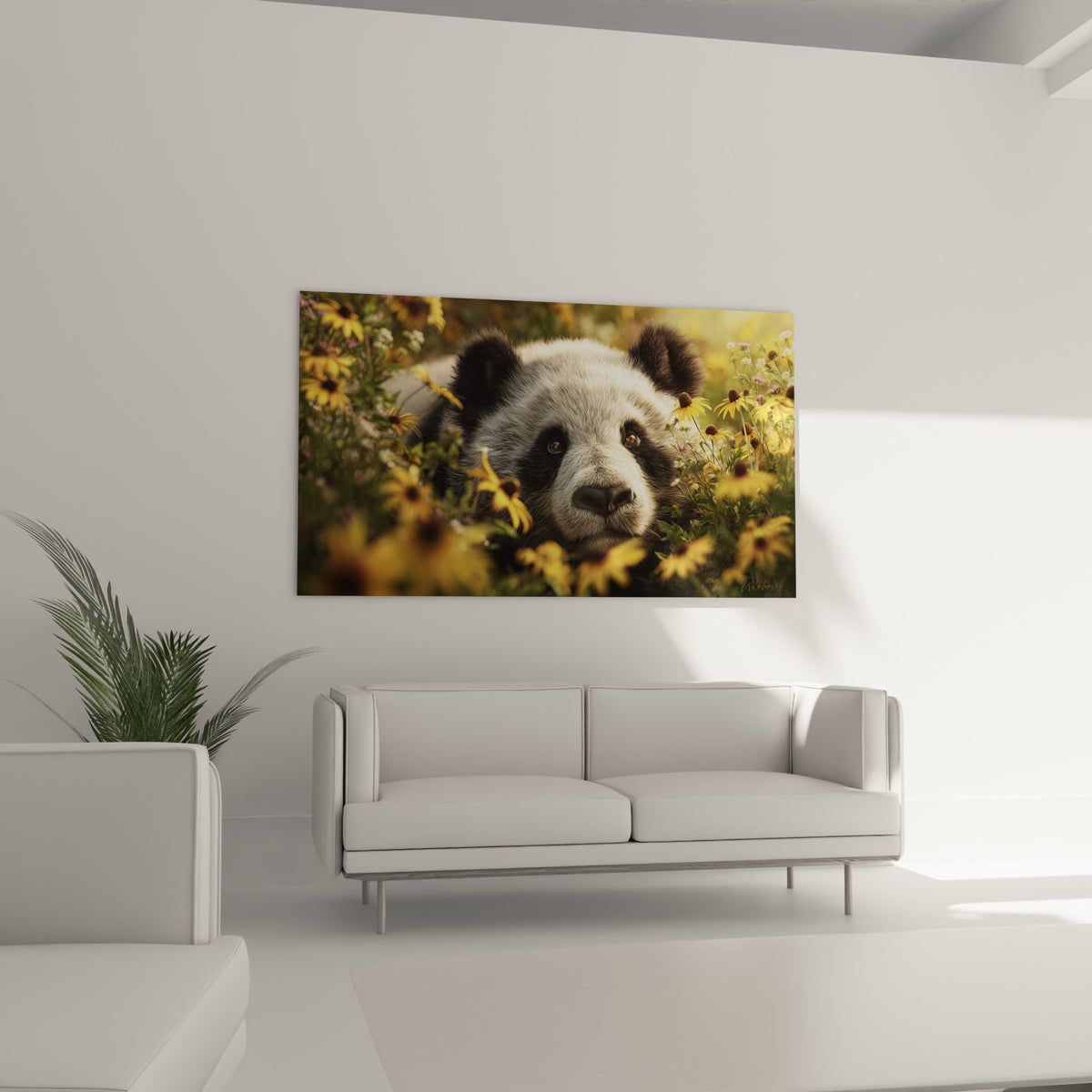 Yeux bruns du panda entouré de vert tendre et jaune doré, au-dessus d'un canapé dans un salon lumineux