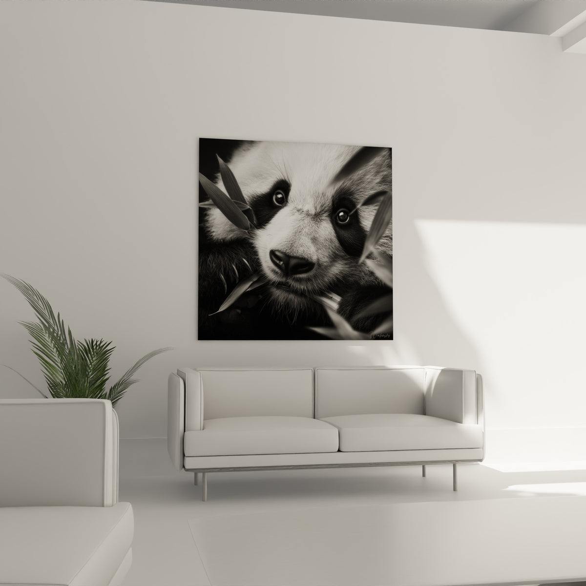 Yeux sombres du panda cerclés de noir intense, tableau placé au-dessus d'un canapé dans un salon lumineux