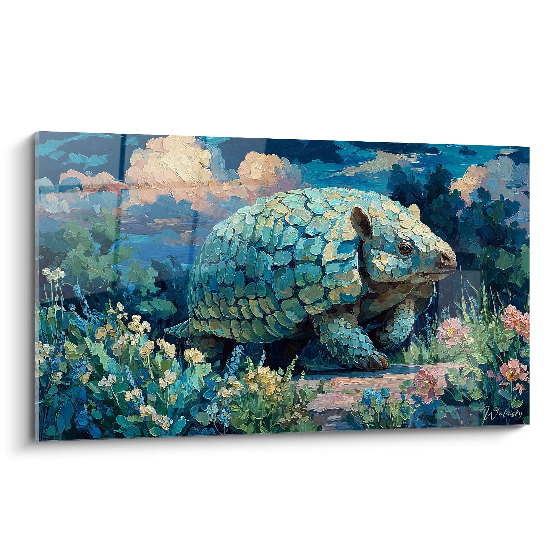 Tableau pangolin écailles turquoise dans paysage naturel fleuri - édition Glyptodon art mural