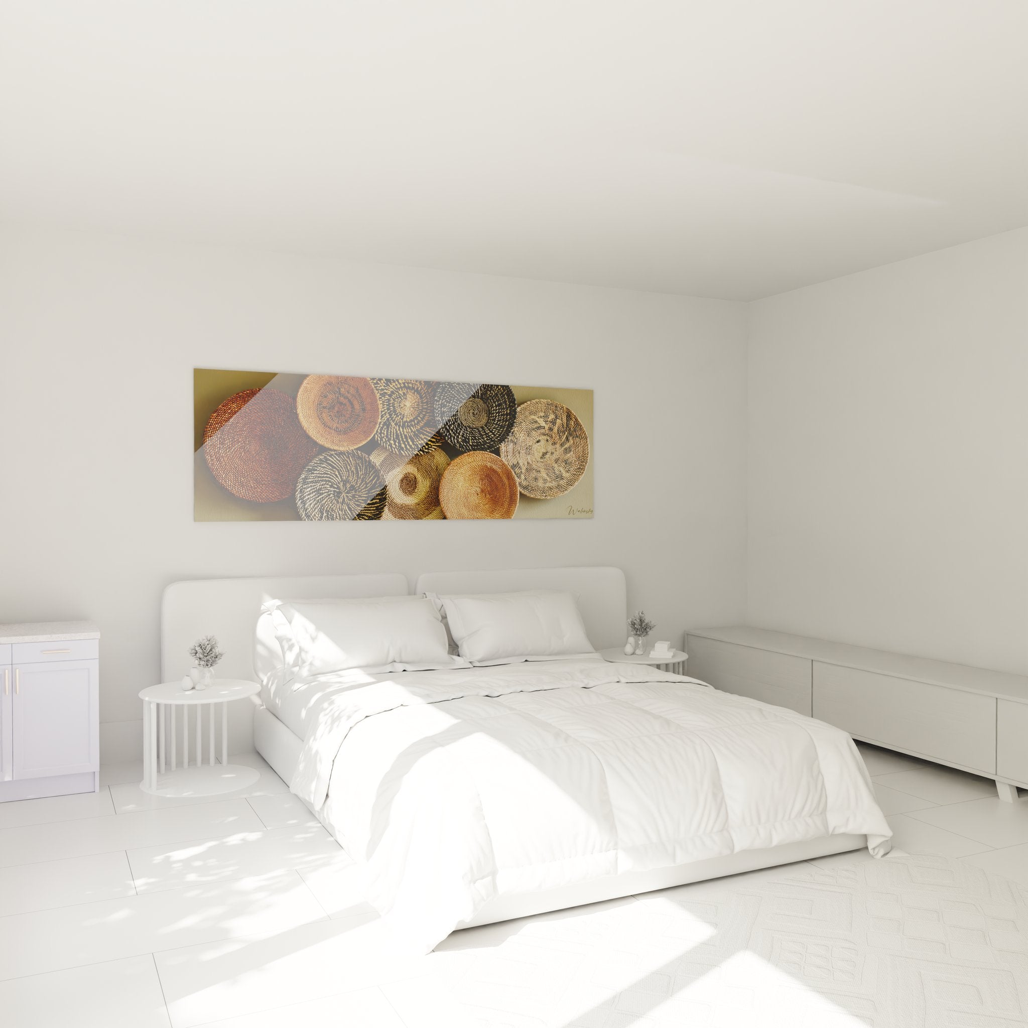 Tableau paniers africains décorant une chambre moderne avec style ethnique et authenticité culturelle