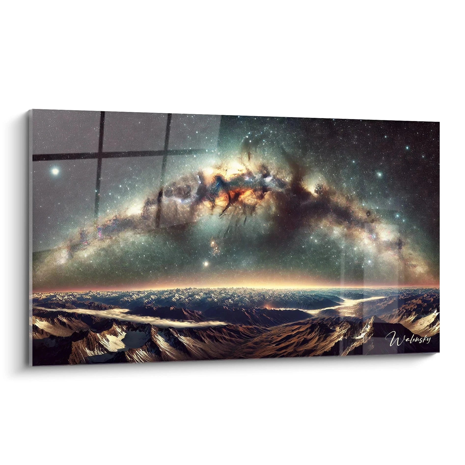 Tableau espace vu de biais : Ce tableau espace dévoile des montagnes baignées d'un halo lumineux or et marine, avec une galaxie étincelante en arrière-plan, mêlant mystère et profondeur céleste.