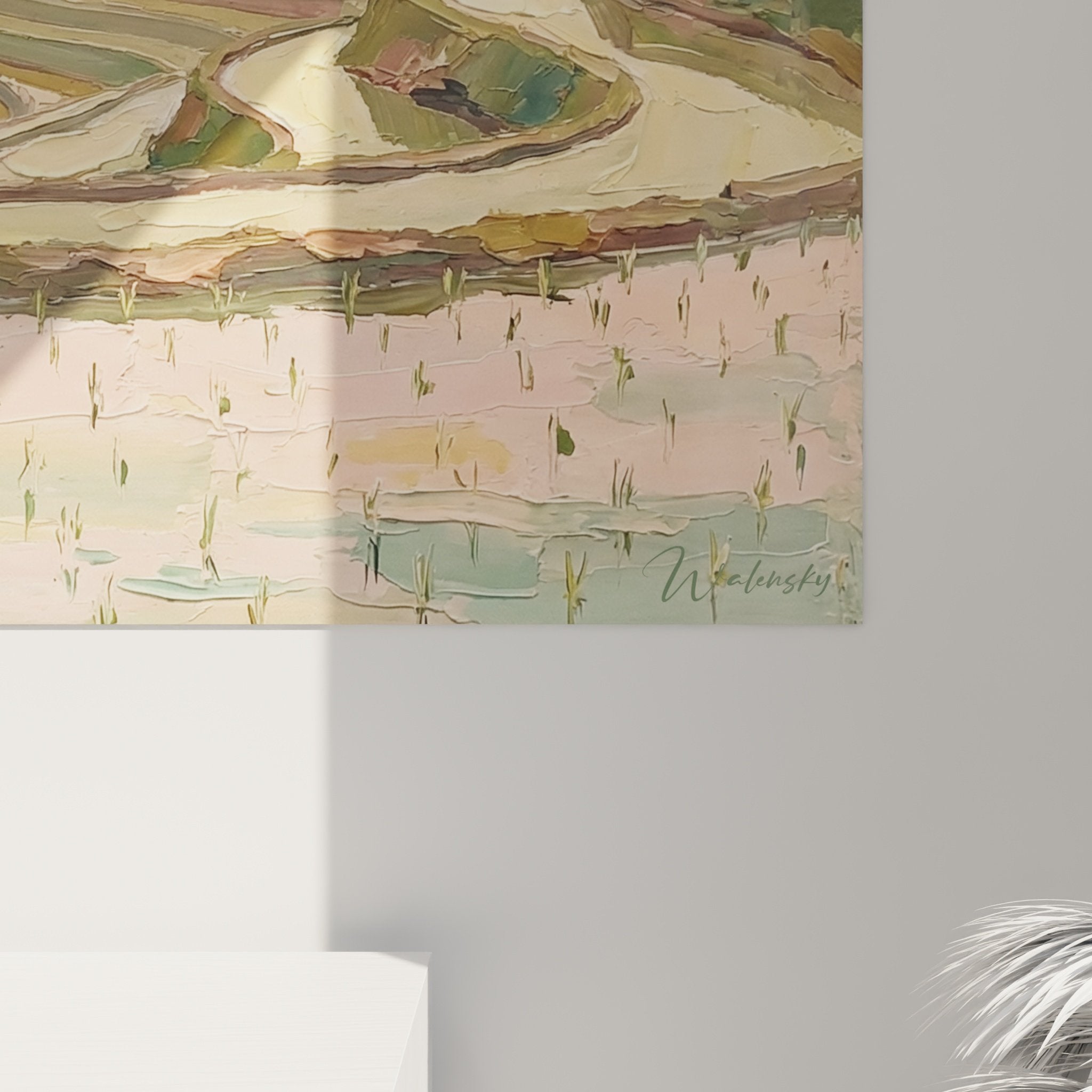 Vue ensemble tableau bullmastiff paysage riziere, format panoramique, scene contemplative nature paisible