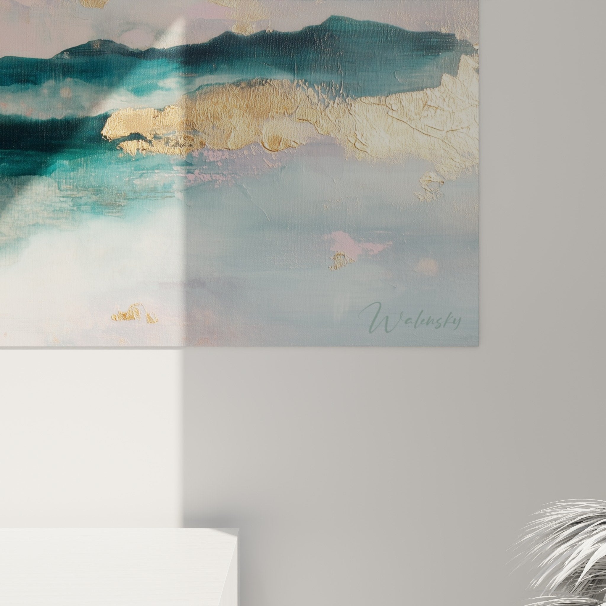 Tableau panoramique feng shui paysage abstrait salon décoration murale harmonieuse tons pastel dorés