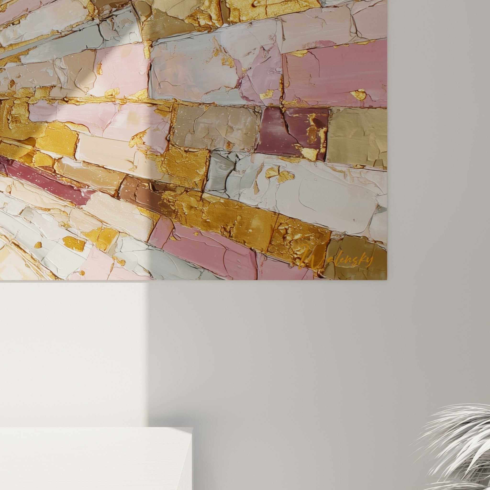 Full view of panoramic mandala radiating pink and gold artwork in interior setting