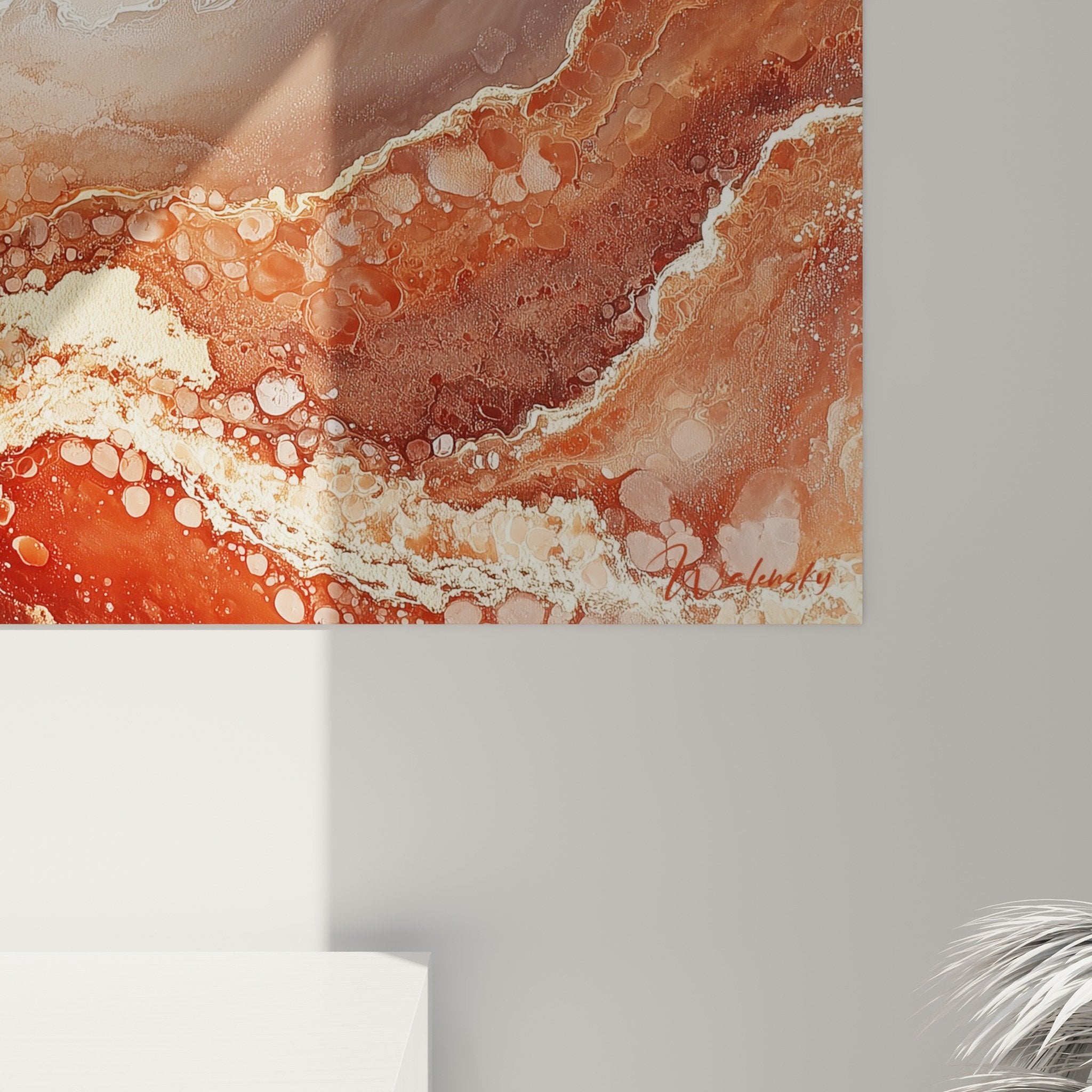 abstract panoramic waveform artwork terracotta living room contemporary ambiance