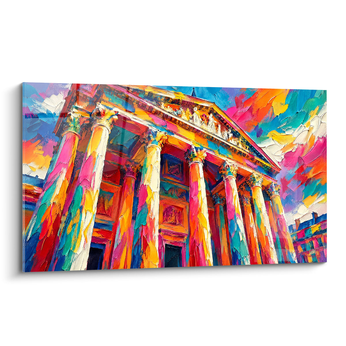 Panthéon de Paris en colonnes rose, turquoise et doré, façade néoclassique peinte à l'huile texturée