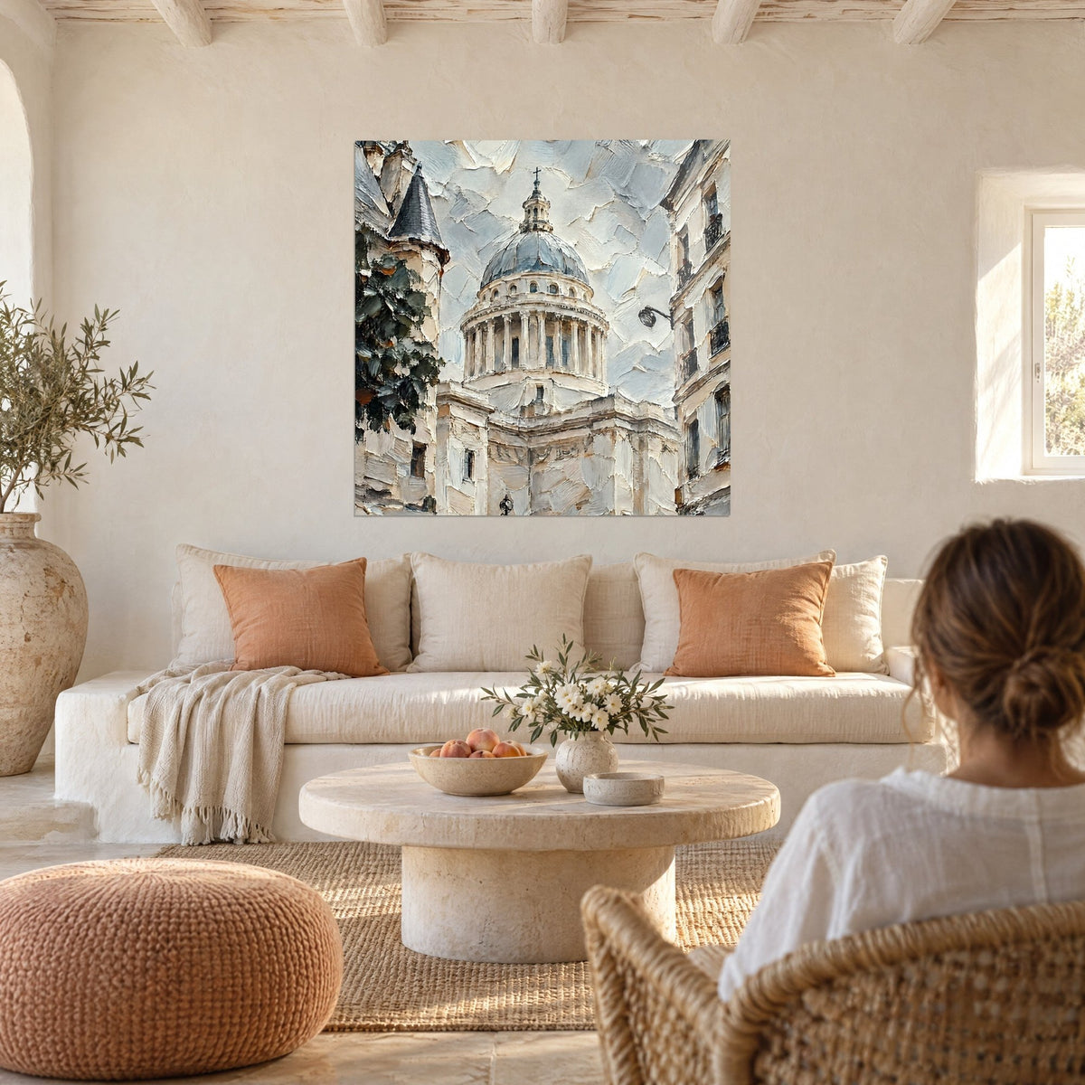 Wall art of the Pantheon dome in thick ivory and grey-blue impasto, lantern and colonnade, above a sofa in a bright living room