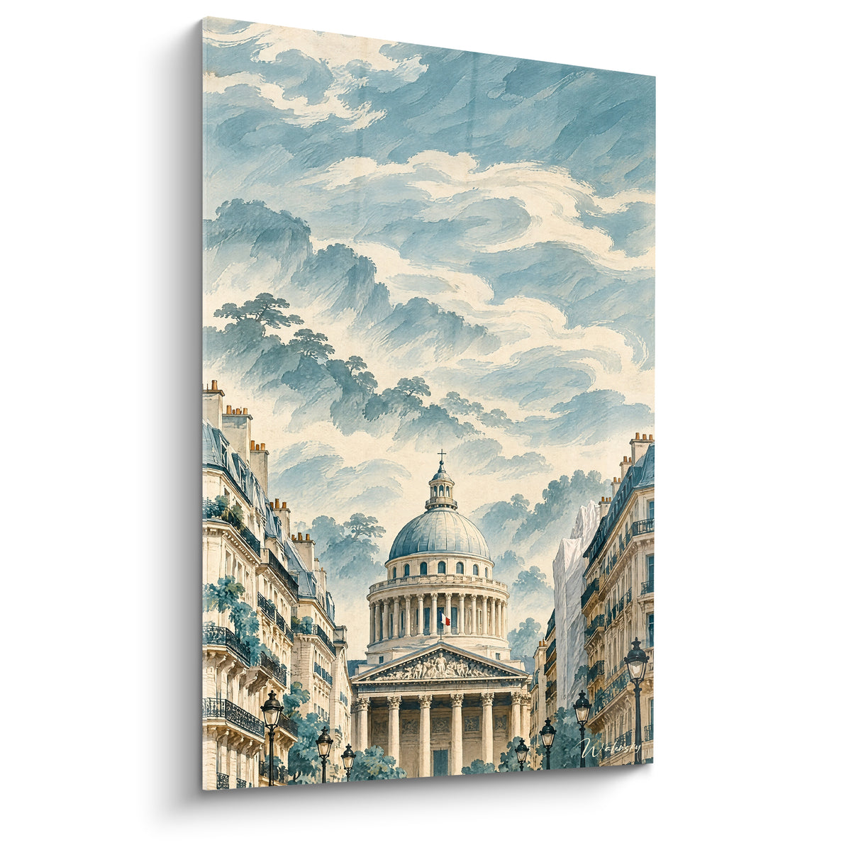 Panthéon aux dômes gris et ciel bleu pastel, perspective entre façades beiges et lampadaires noirs
