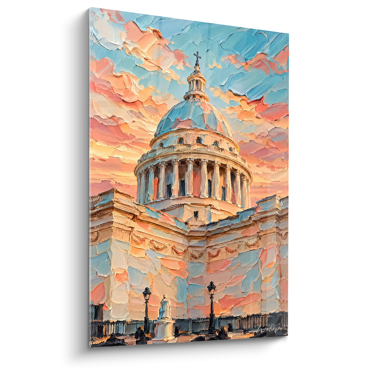 Dôme du Panthéon peint en ocre et bleu pastel, façade texturée sous un ciel crépusculaire pêche