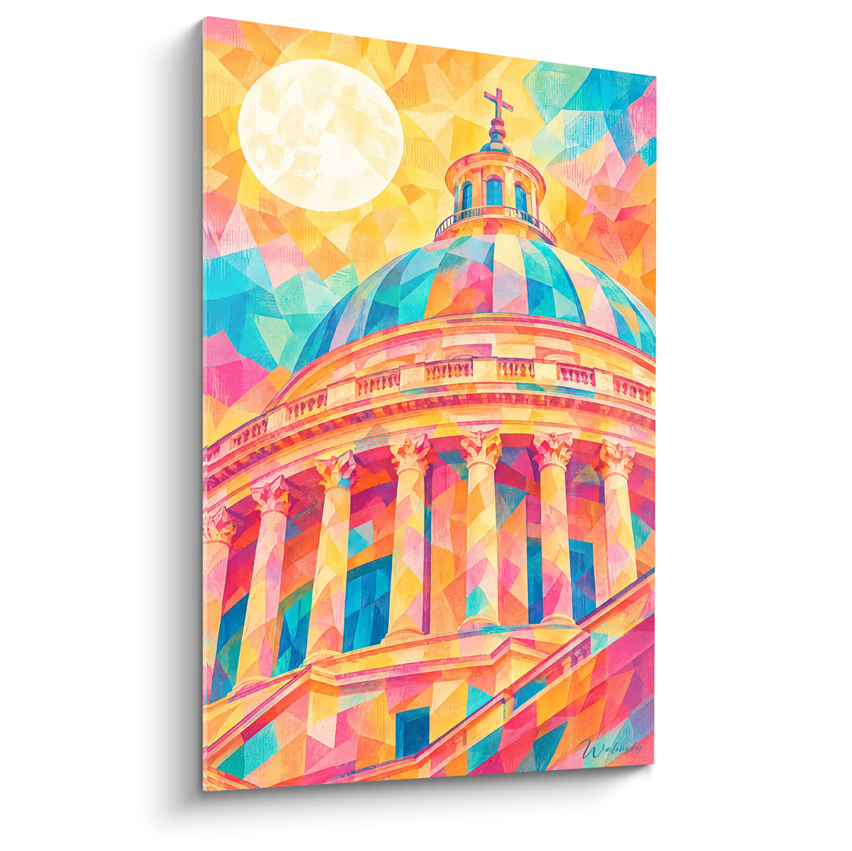 Dôme du Panthéon en rose et turquoise sous une pleine lune, style géométrique fragmenté vibrant