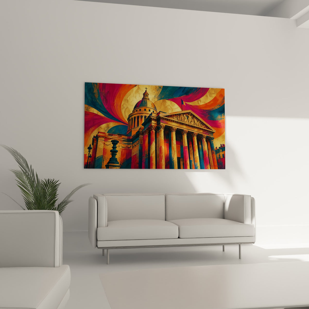 Coupole et colonnades du Panthéon en orange brûlé et bleu pétrole, suspendues dans un salon lumineux