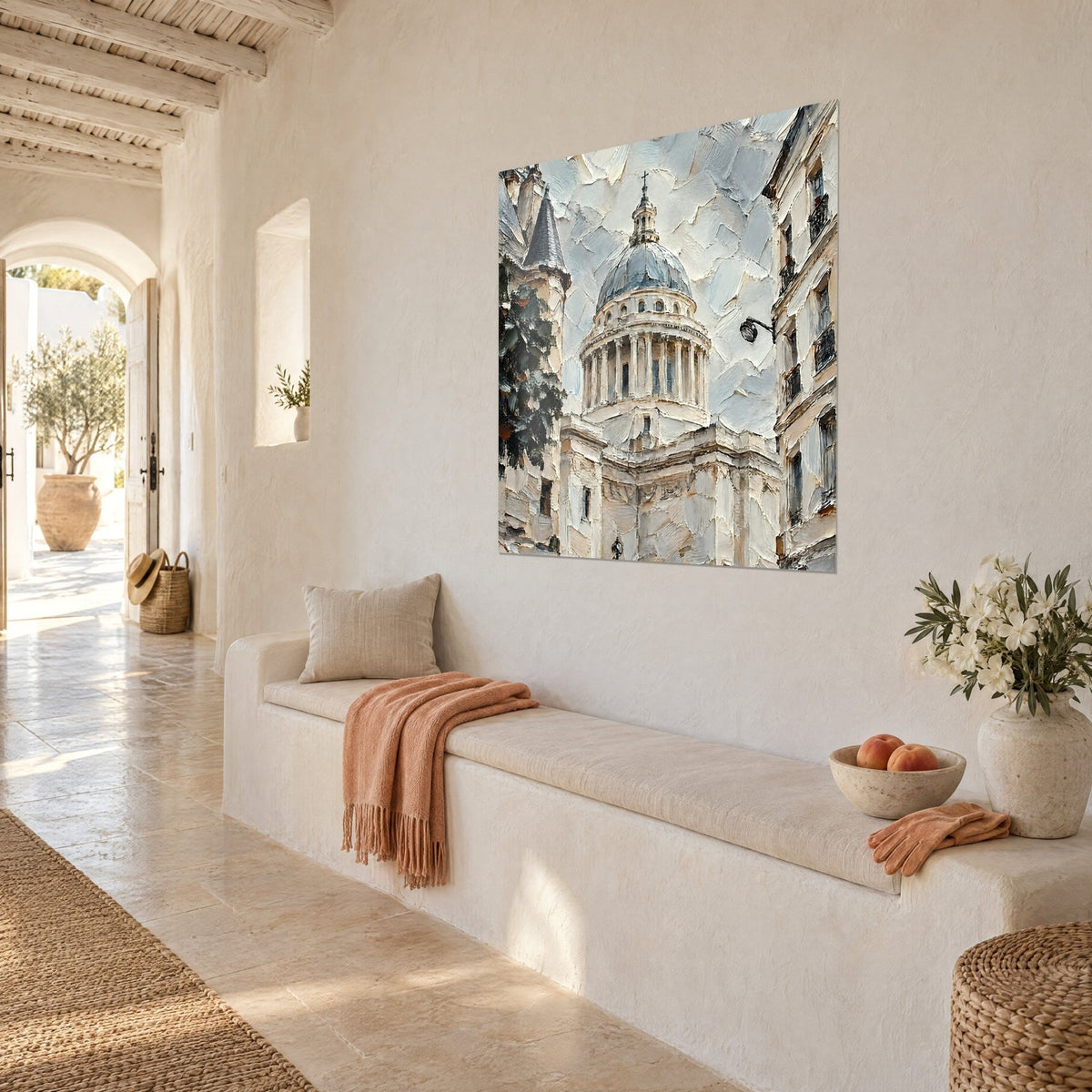 Wall art of a Parisian dome in palette-knife strokes, cream facades and pearl-grey sky, dark green foliage, bench in a Mediterranean house