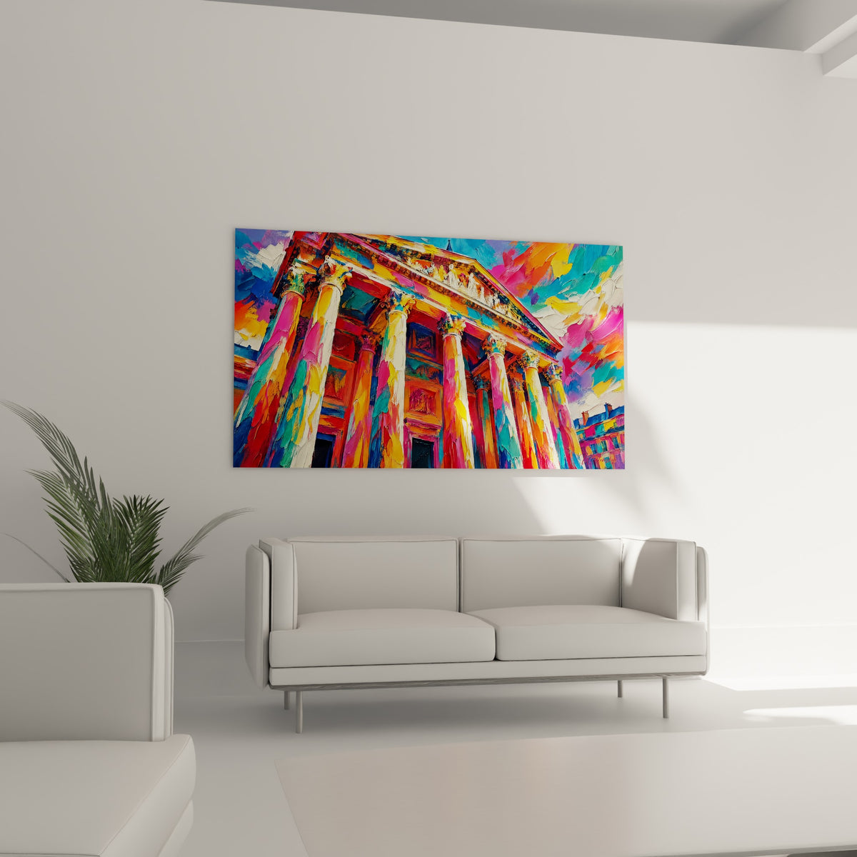 Fronton du Panthéon orange et turquoise aux empâtements visibles, suspendu au-dessus d'un canapé dans un salon lumineux