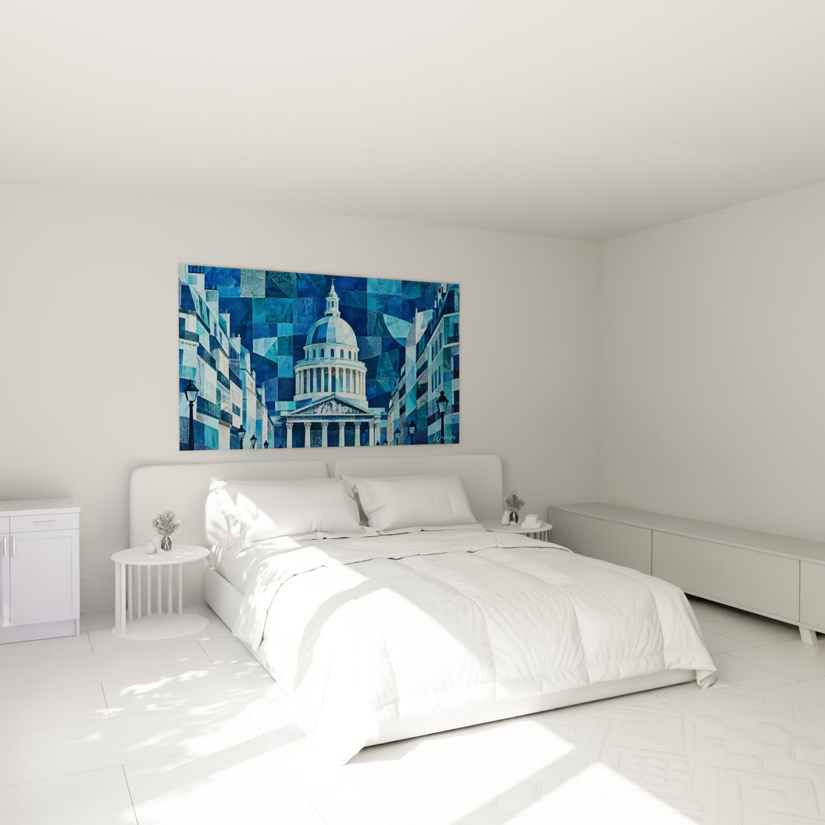 Coupole blanche du Panthéon sur fond bleu pastel, accrochée au-dessus d'un lit dans une chambre claire