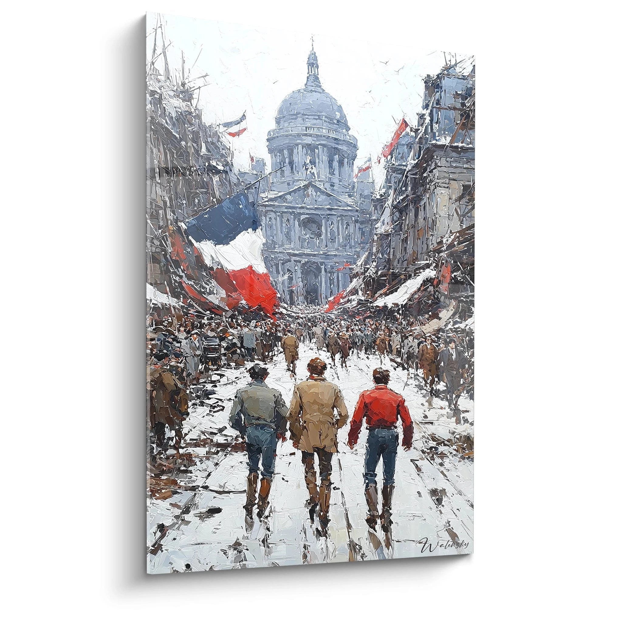 Walensky tableau révolution française mural peinture impressionniste scène de foule trois hommes de dos vers un dôme