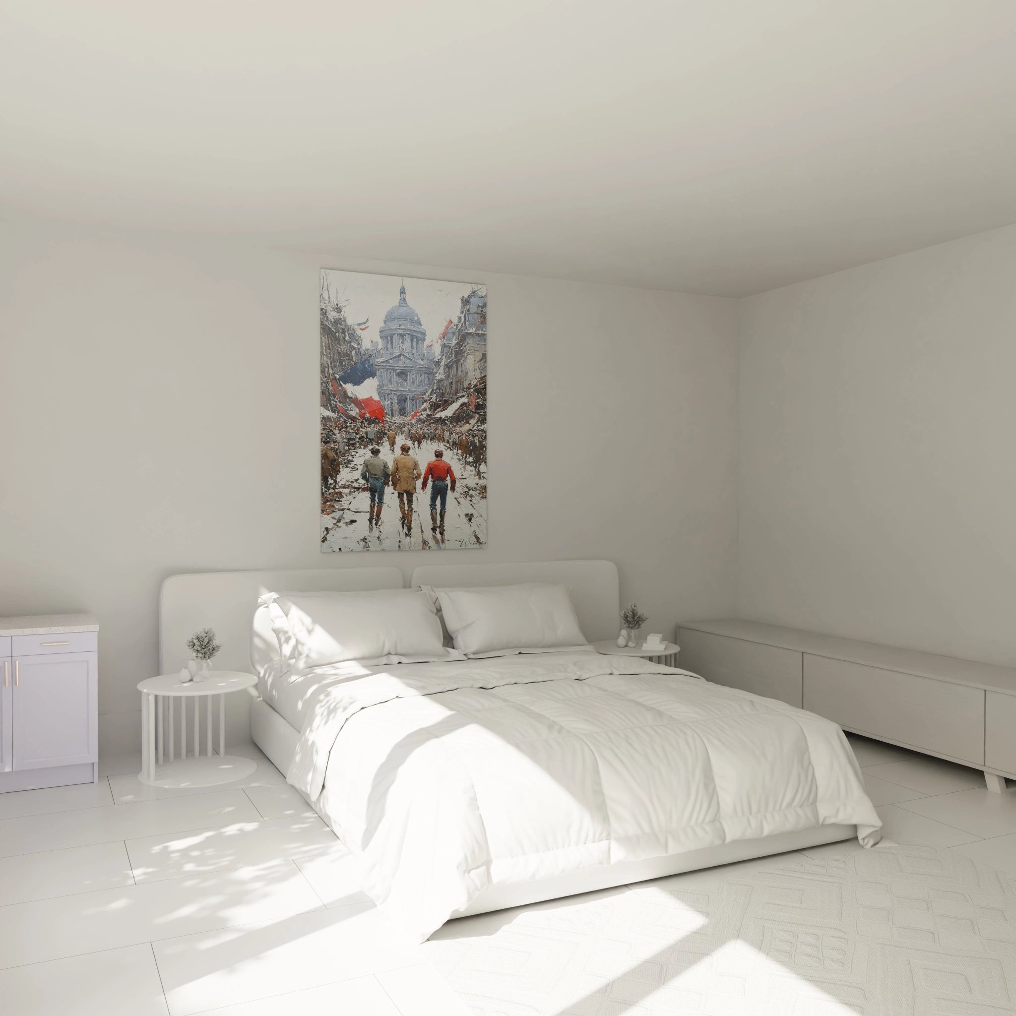 tableau révolution française mural Walensky affiché au dessus d un lit minimaliste blanc dans une chambre lumineuse