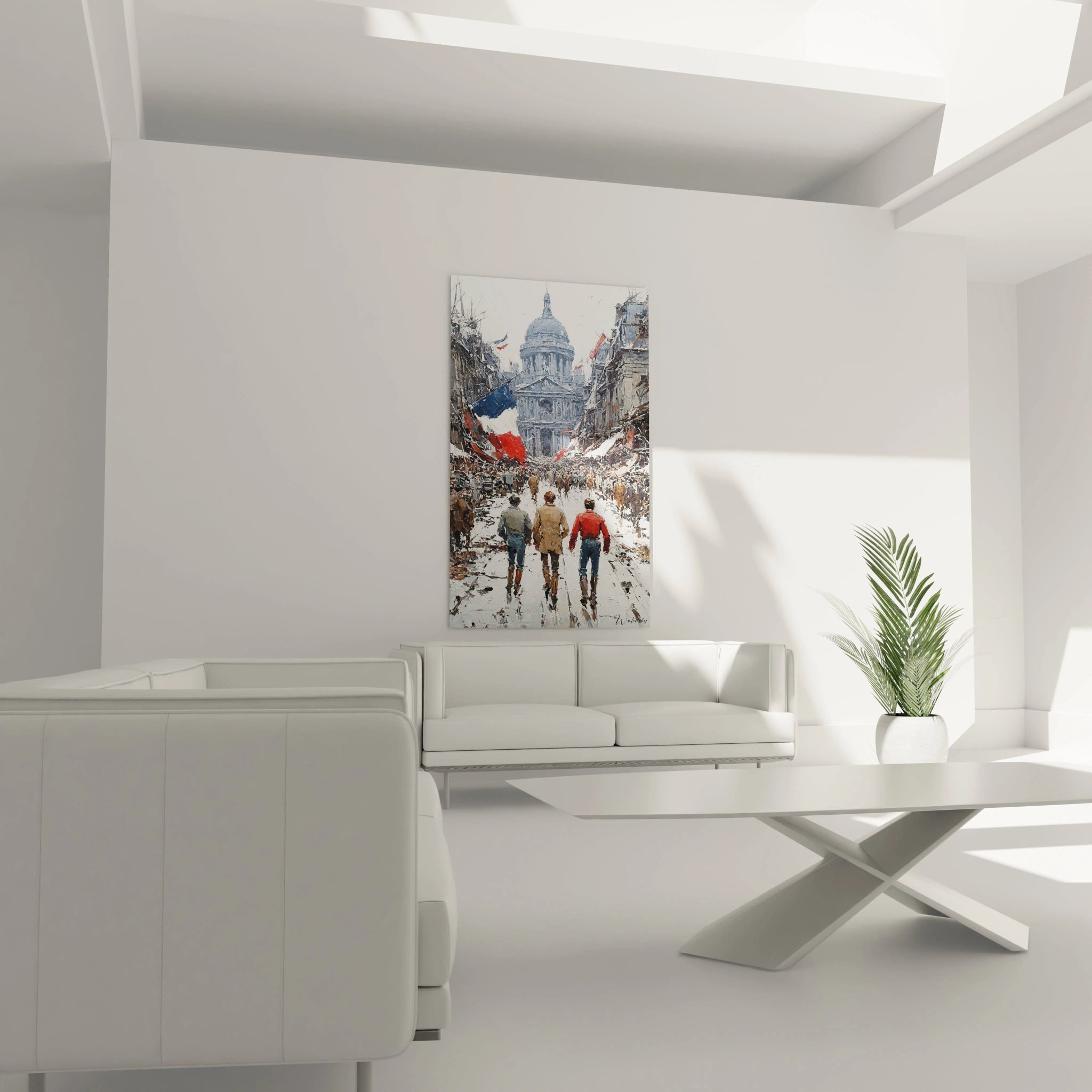 tableau révolution française Walensky accroché au-dessus d'un canapé blanc dans un salon minimaliste