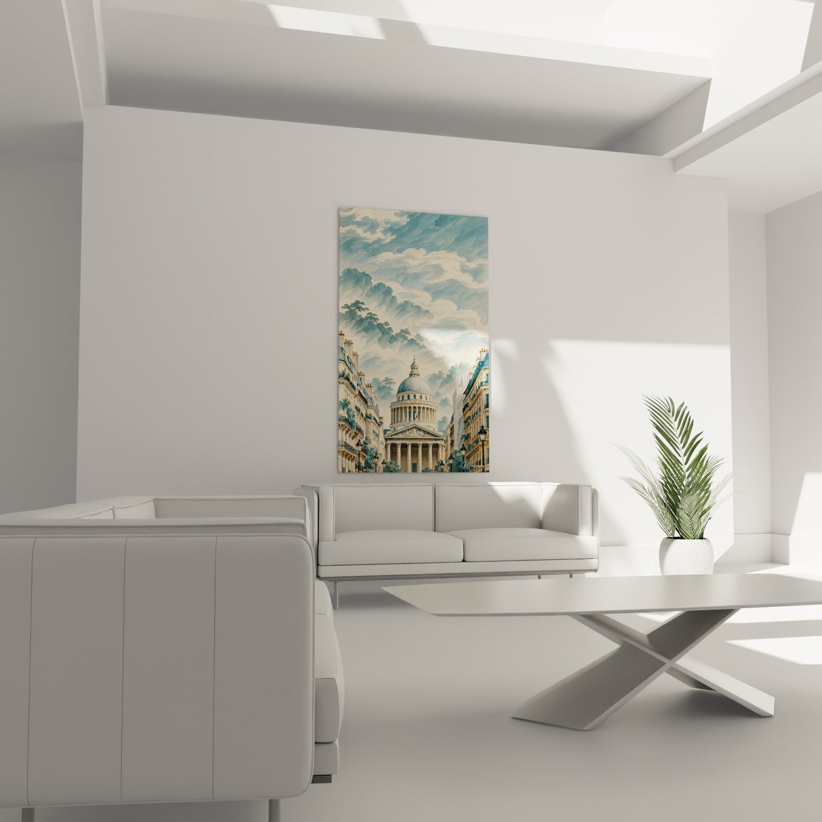 Dôme du Panthéon gris clair sous nuages bleu pastel, au-dessus d'un canapé dans un salon lumineux