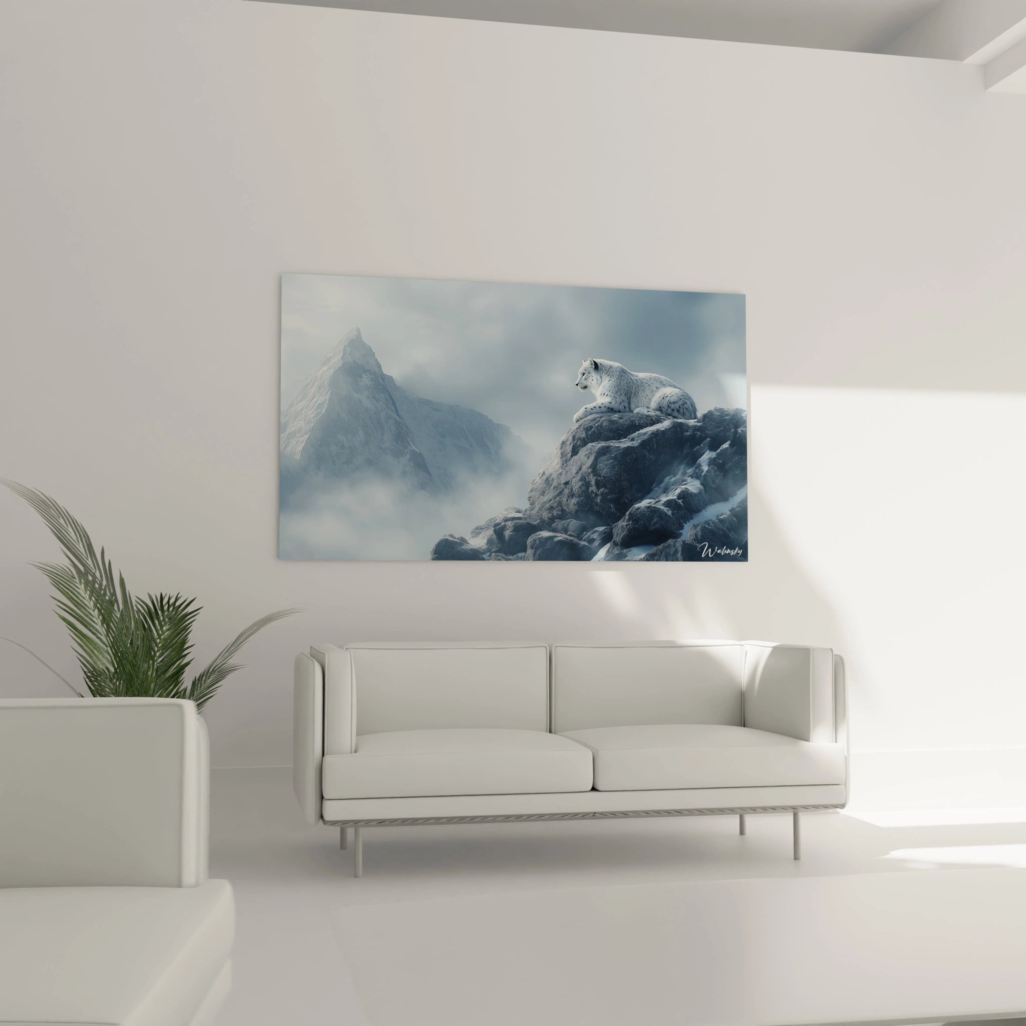 Un tableau panthère des neiges capturant le félin au repos vigilant sur un promontoire rocheux. L'œuvre présente des tons monochromes de bleu, blanc et gris, avec un traitement réaliste du pelage tacheté et des textures rugueuses des montagnes enveloppées de brume.