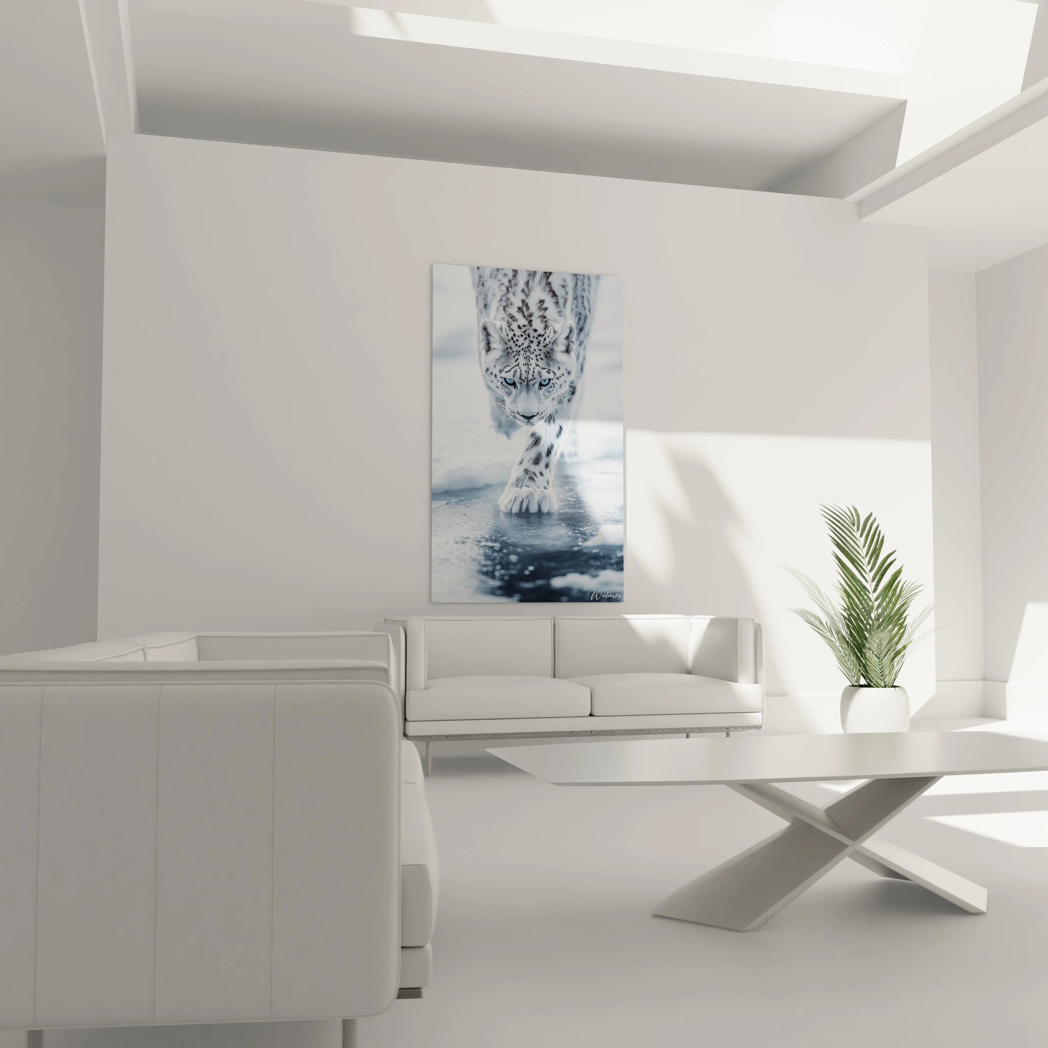 Un tableau panthère des neiges présentant le félin majestueux avec son pelage parfaitement détaillé, mêlant blanc lumineux et taches gris foncé. Mise au point sur le regard intense bleu et la texture réaliste des moustaches sur fond d'hiver glacial.