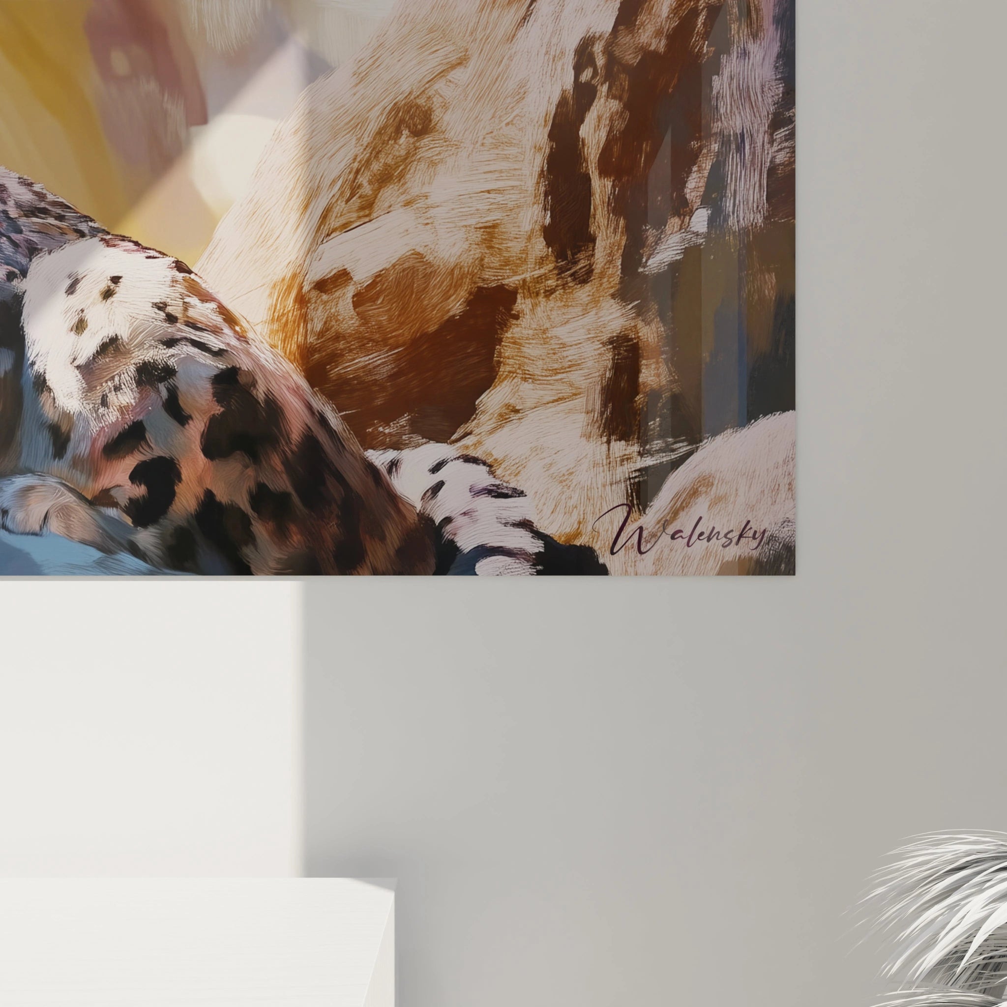 Détail du tableau panthère des neiges signé Walensky avec motifs et textures réalistes