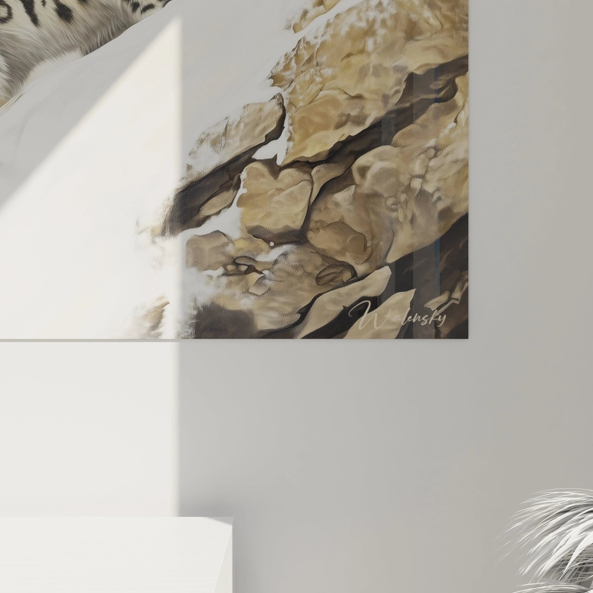 Tableau panthère des neiges Walensky avec détails réalistes de rochers et faune sauvage