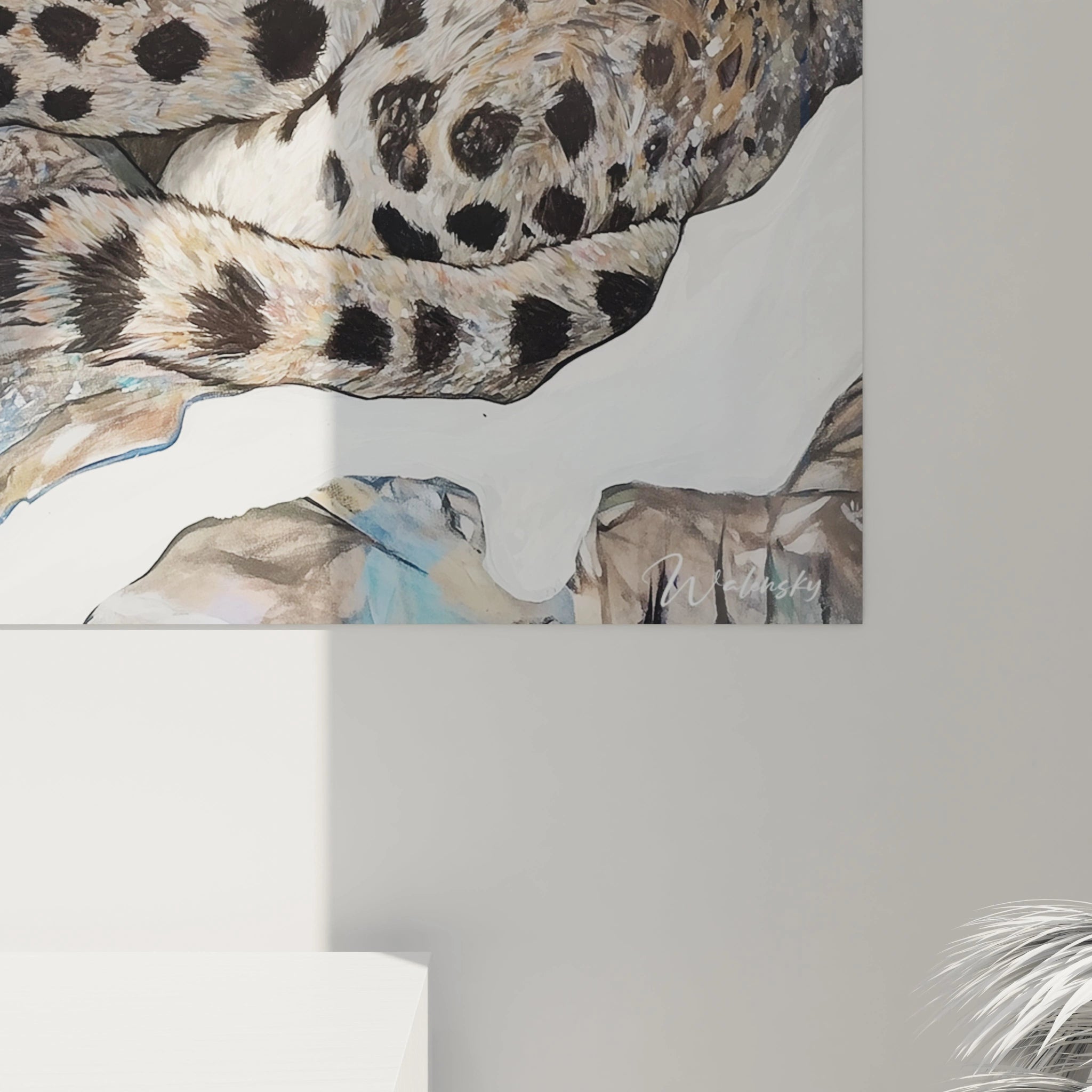 Tableau panthère des neiges signé Walensky avec détails réalistes de la fourrure tachetée