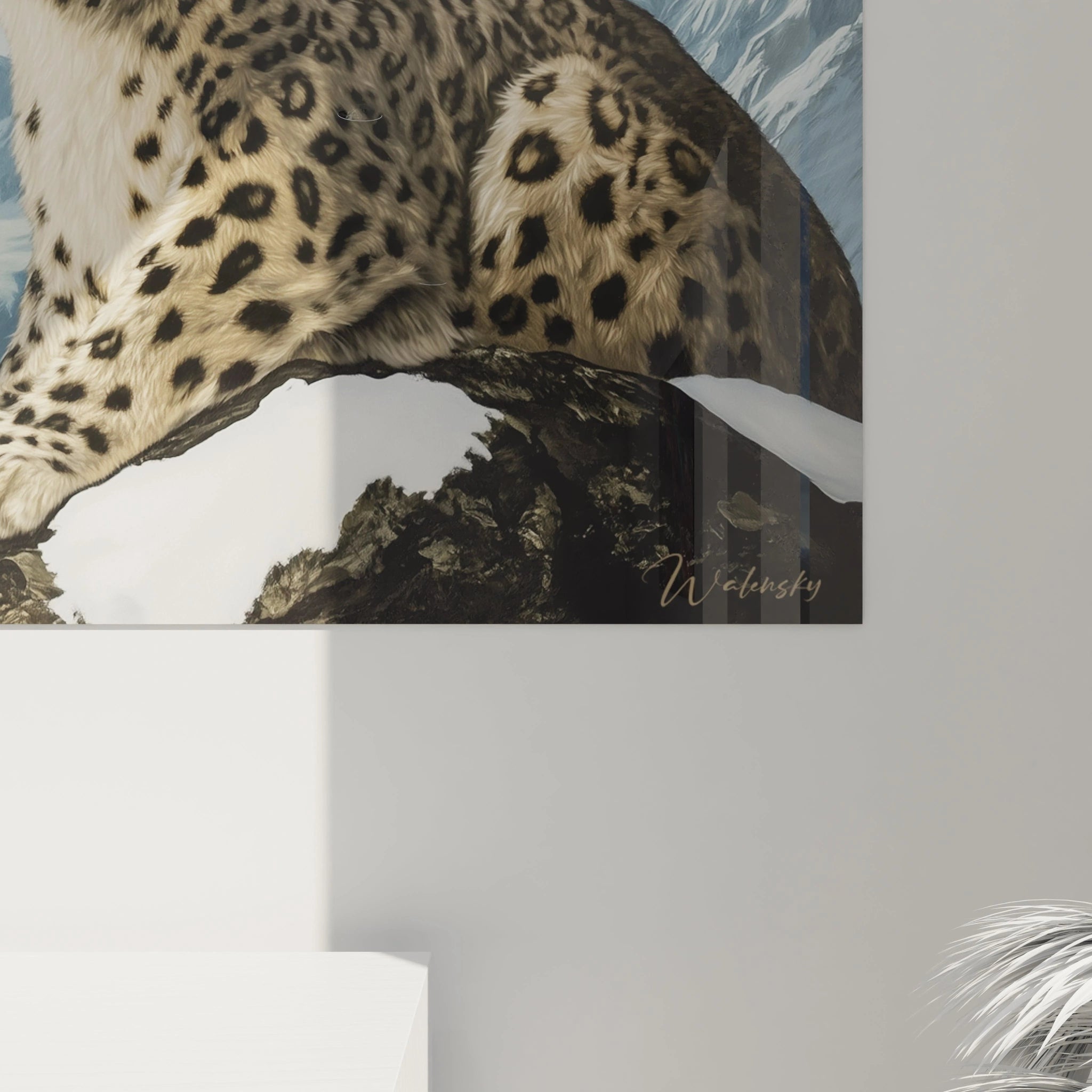 Tableau panthère des neiges Walensky avec image détaillée d'une panthère dans un décor montagneux