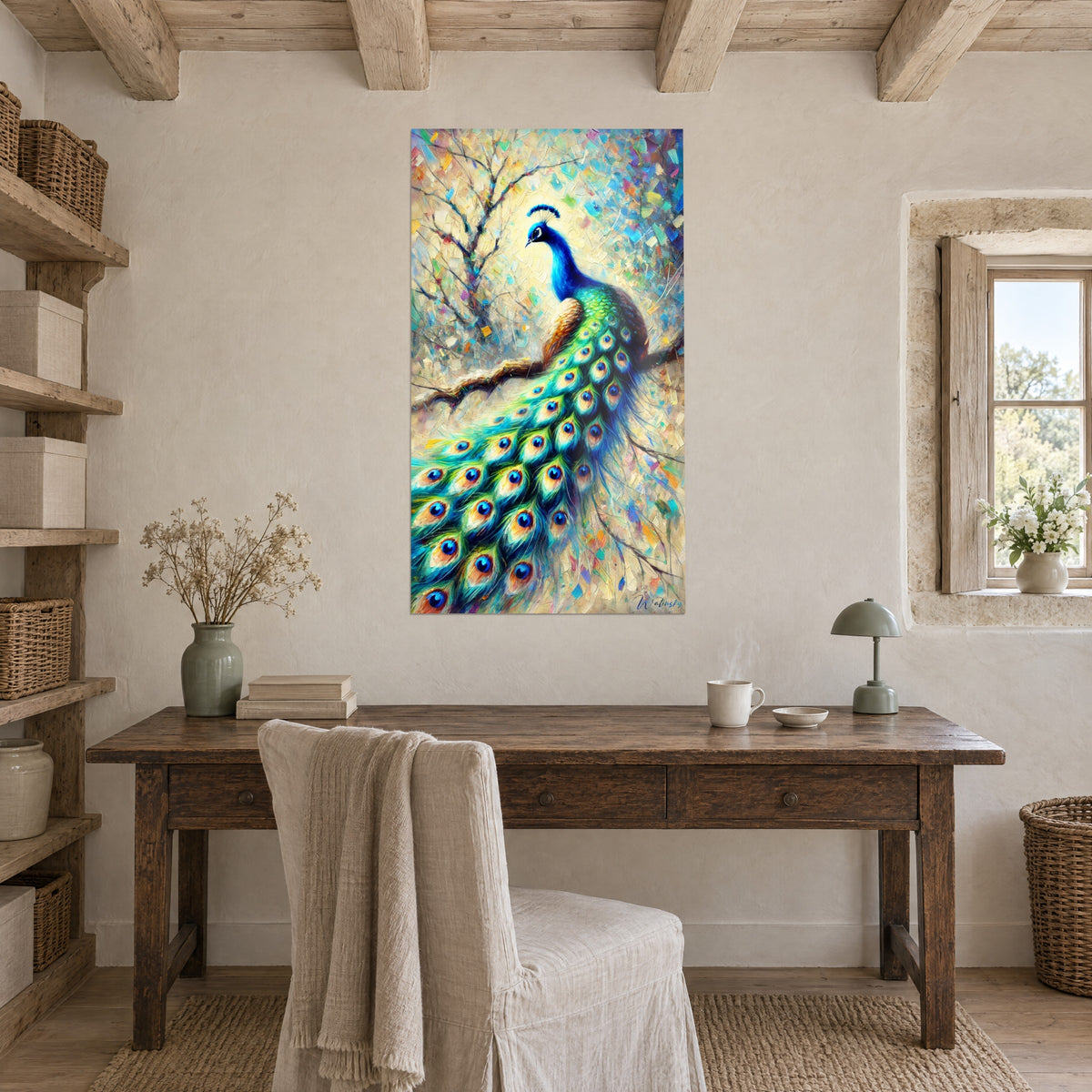 Schilderij waaier van blauwe en goudgele oogvlekken, kale tak op de achtergrond, opgehangen boven een bureau van ruw hout