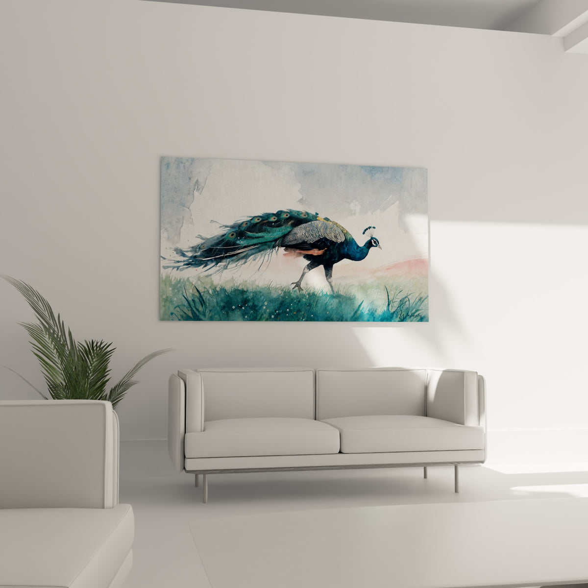 Oiseau majestueux en bleu sarcelle et anthracite, au-dessus d'un canapé dans un salon lumineux