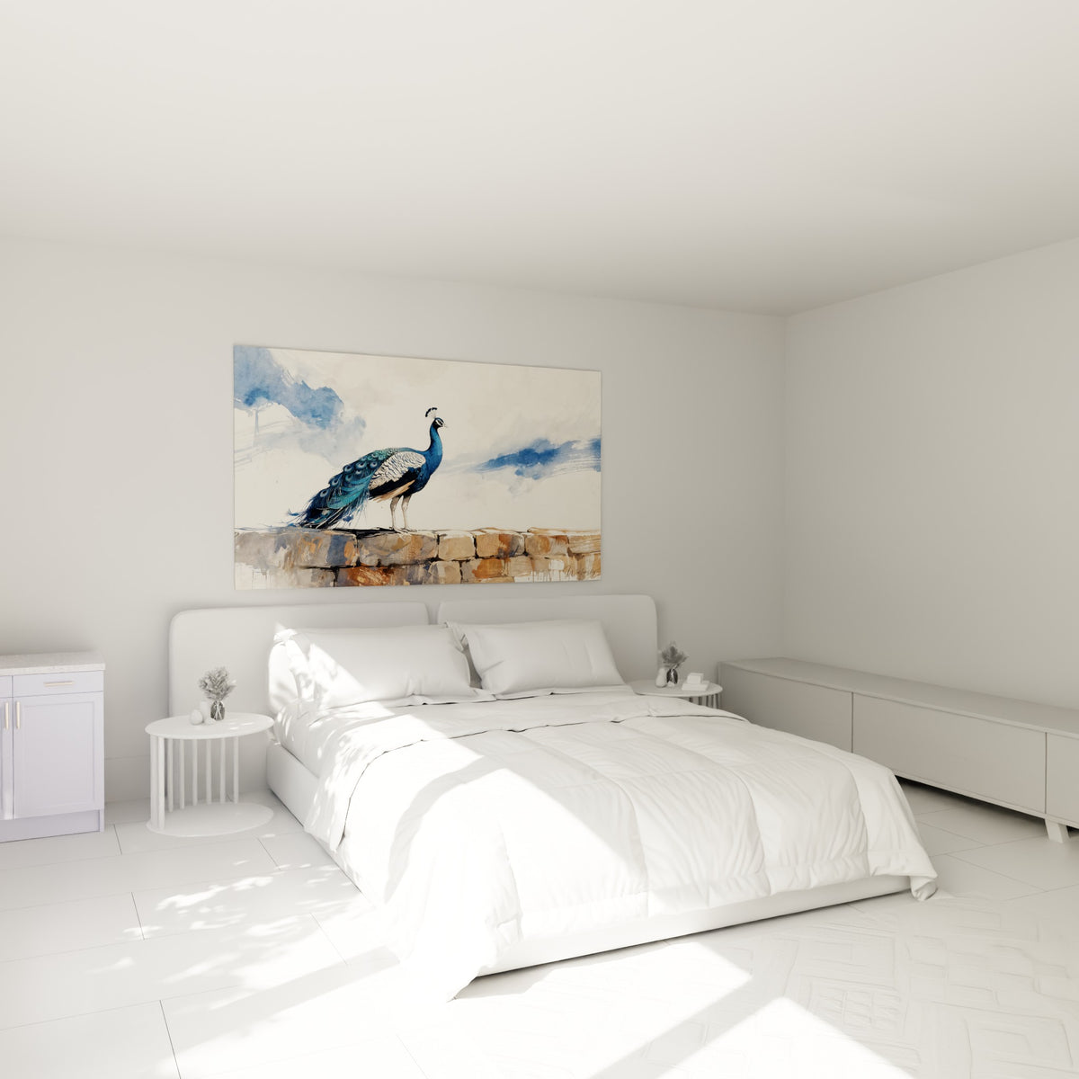 Oiseau bleu pétrole et blanc perché sur pierre, tableau accroché au-dessus d'un lit dans une chambre claire
