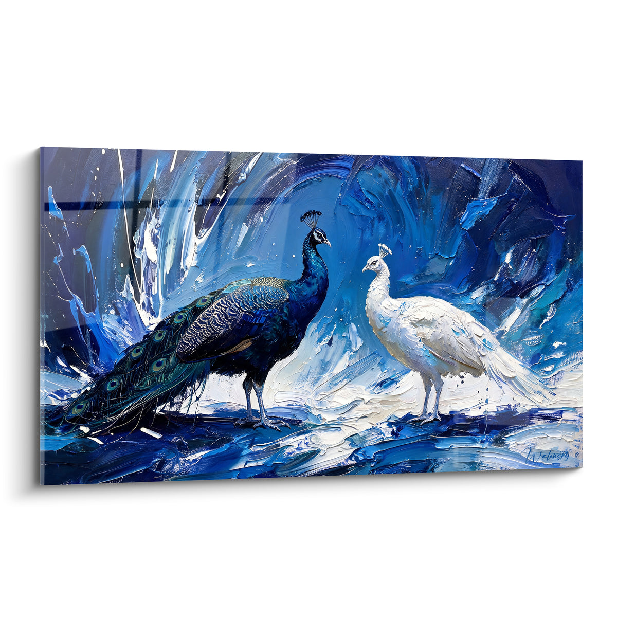 Deux paons bleu marine et blanc face à face, empâtements épais sur fond tourbillonnant bleu et argenté