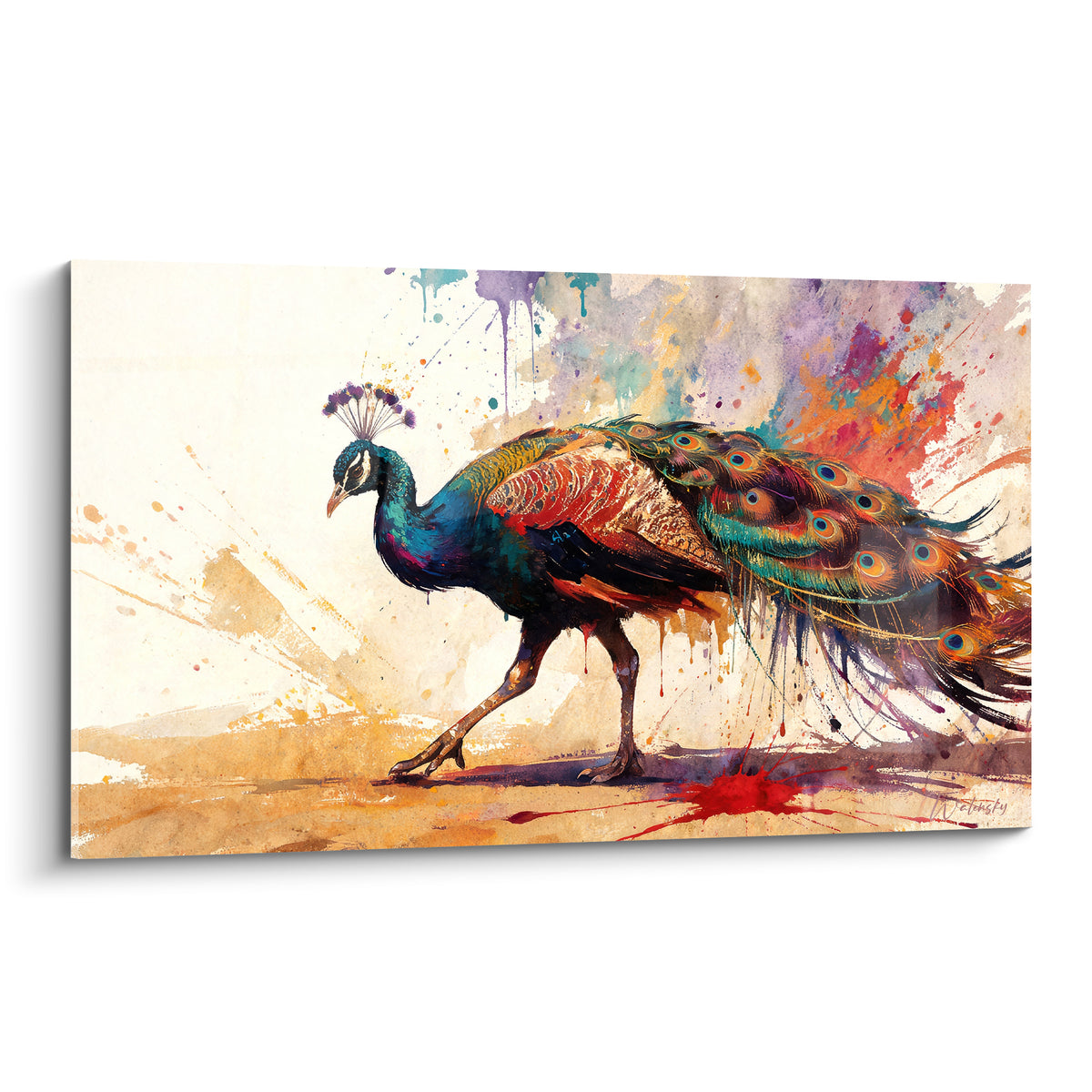 Paon bleu marine et ocre en marche, plumage déployé sur fond crème éclaboussé