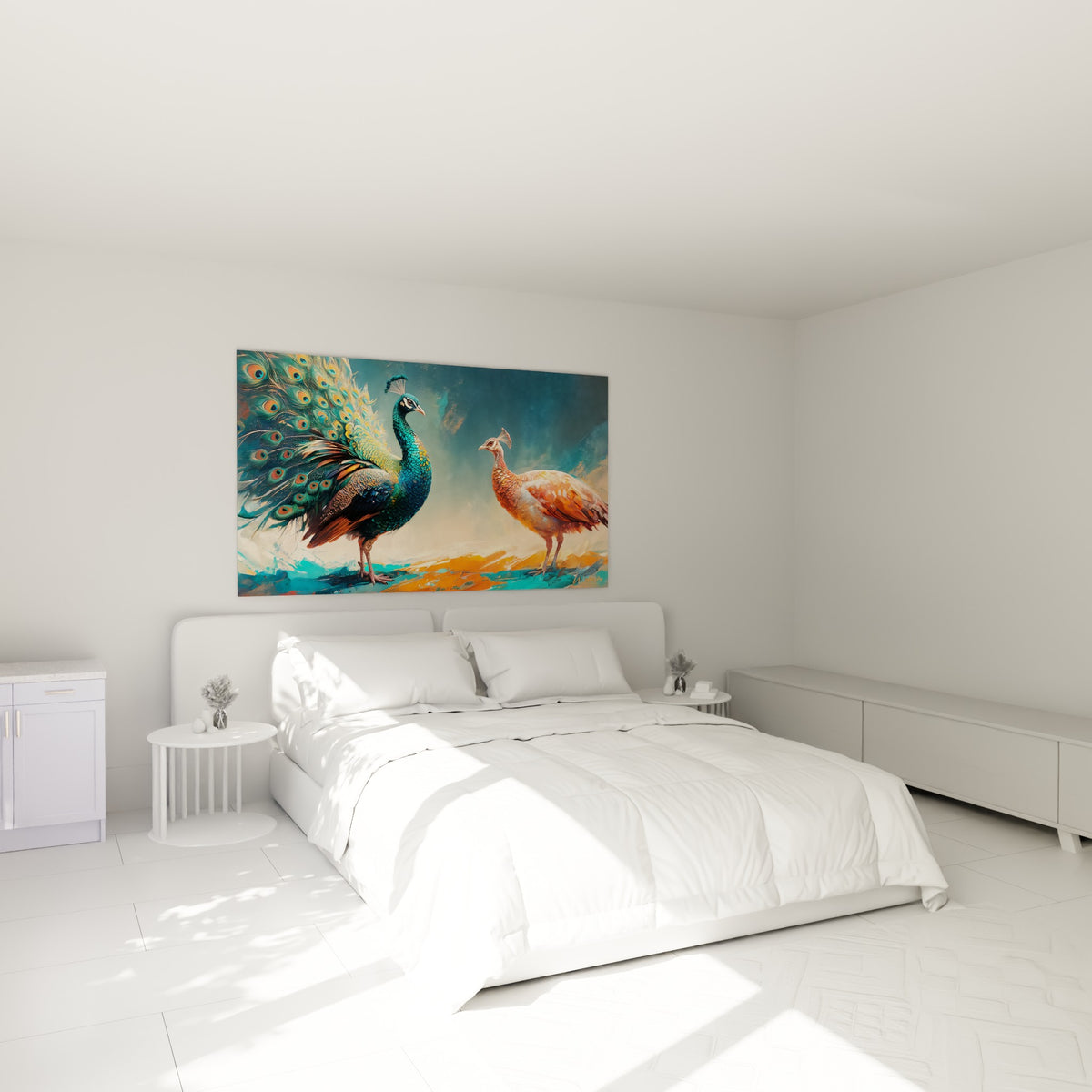 Deux paons aux plumes turquoise et orange accrochés au-dessus d'un lit dans une chambre claire