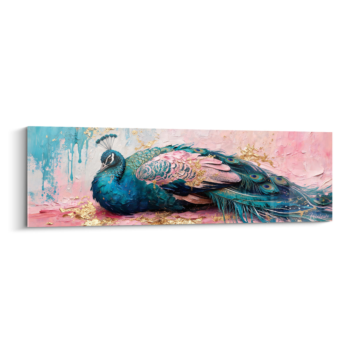 Tableau paon aux plumes bleu turquoise et rose poudré, corps recroquevillé, touches dorées sur toile peinte