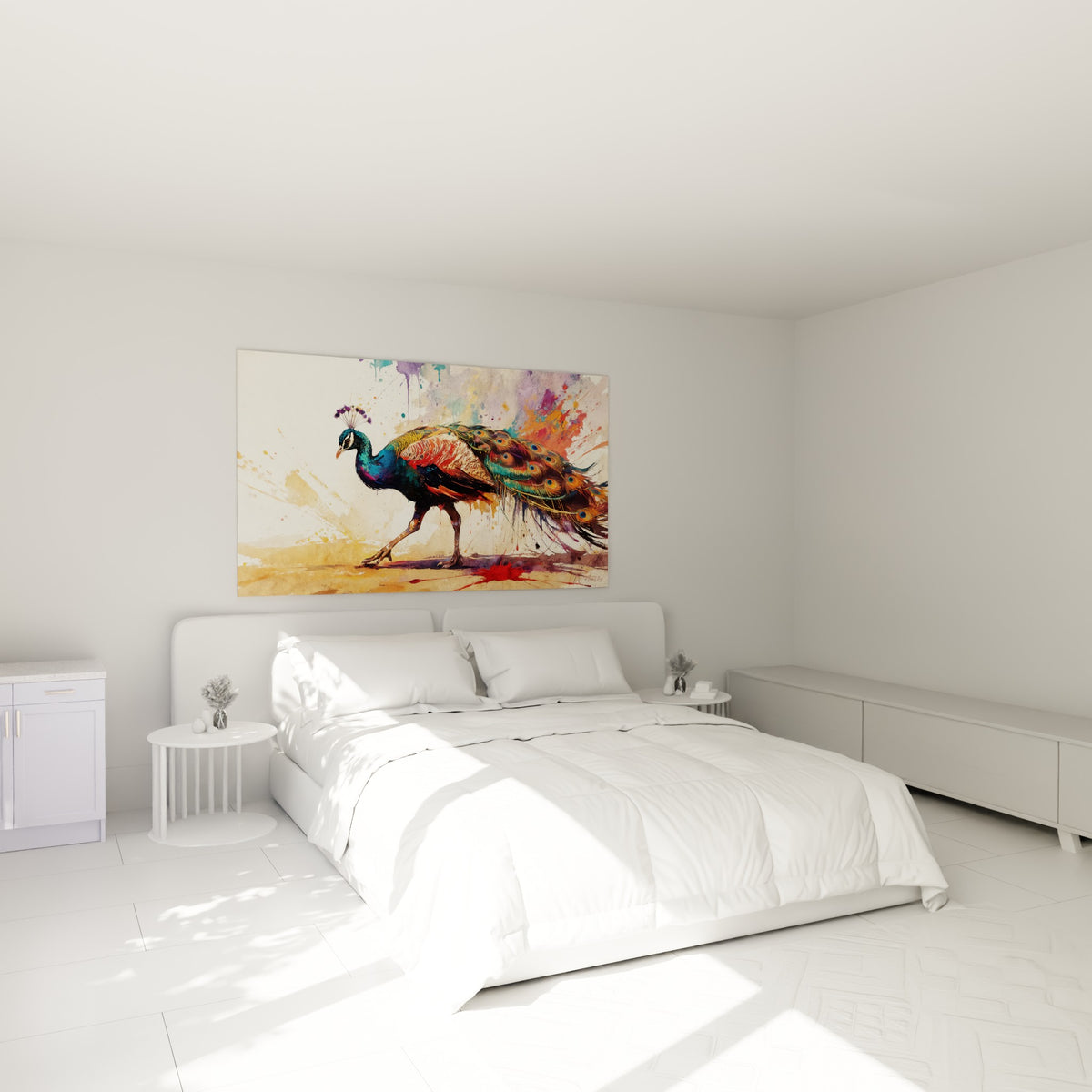 Silhouette de paon aux teintes turquoise et corail accrochée au-dessus d'un lit dans une chambre claire